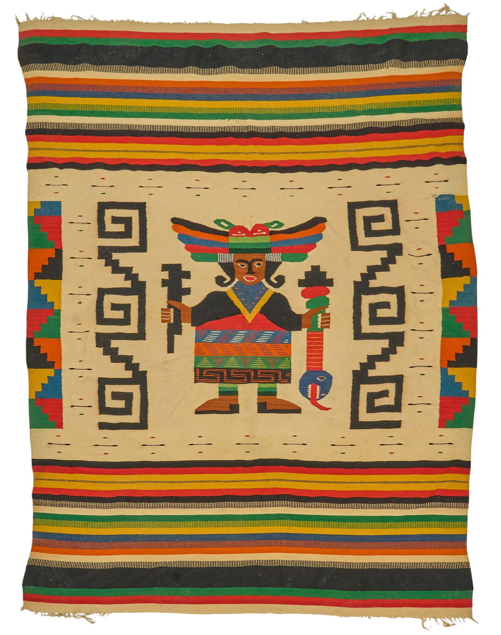 Michoacan Blanket: Michoacan (Mexico) woven blanket featuring a central figure with headdress 7 ft. 3 in. x 5 ft. 4 in. Provenance: Property from a beautifully restored mid-century home in the Castle