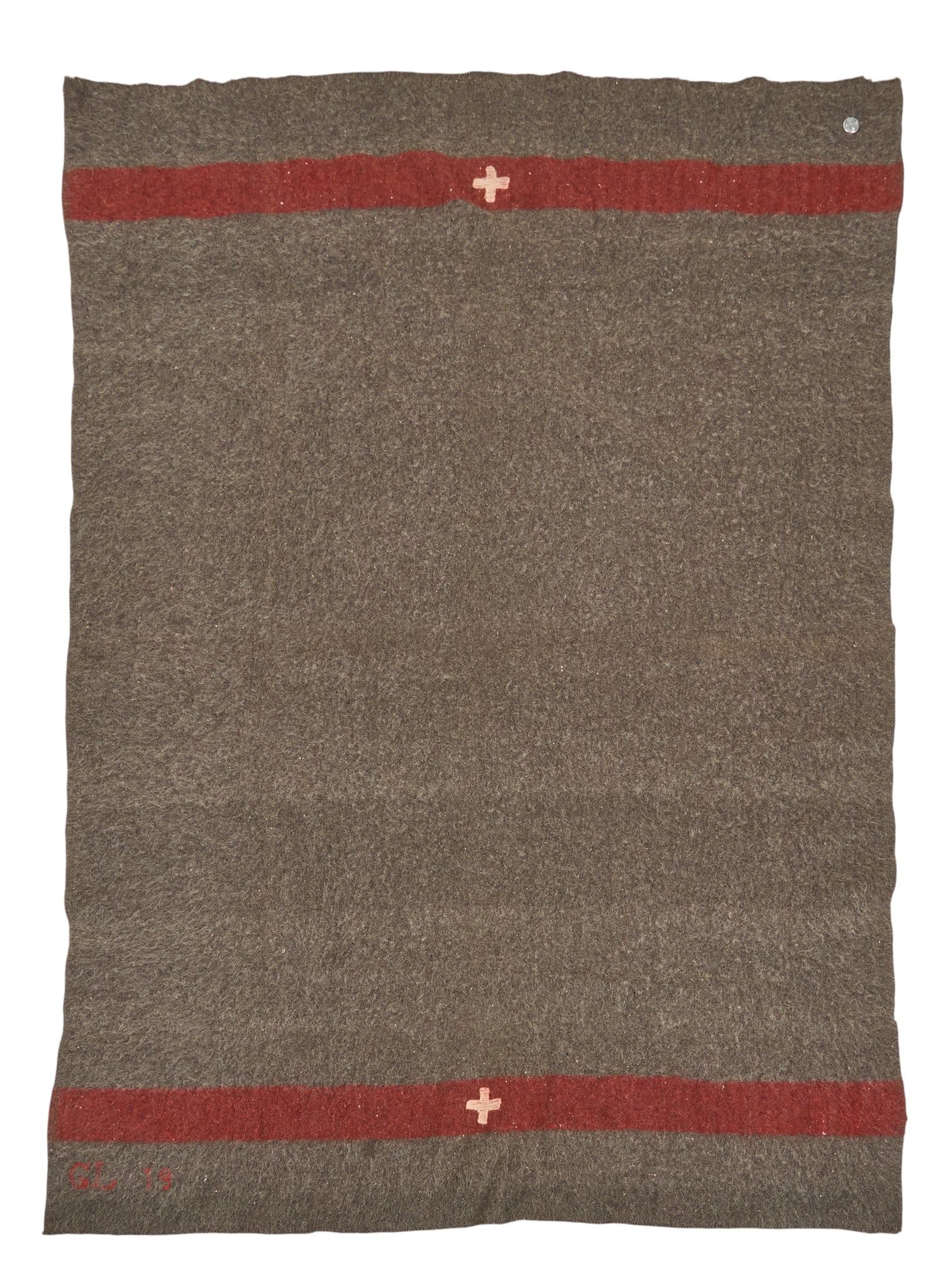 Swiss Army Wool Blanket: Vintage Swiss Army wool blanket featuring a gray-brown field with red stripes and white cross emblems, stamped with "GL" and "19", with small metal coin accent stamped