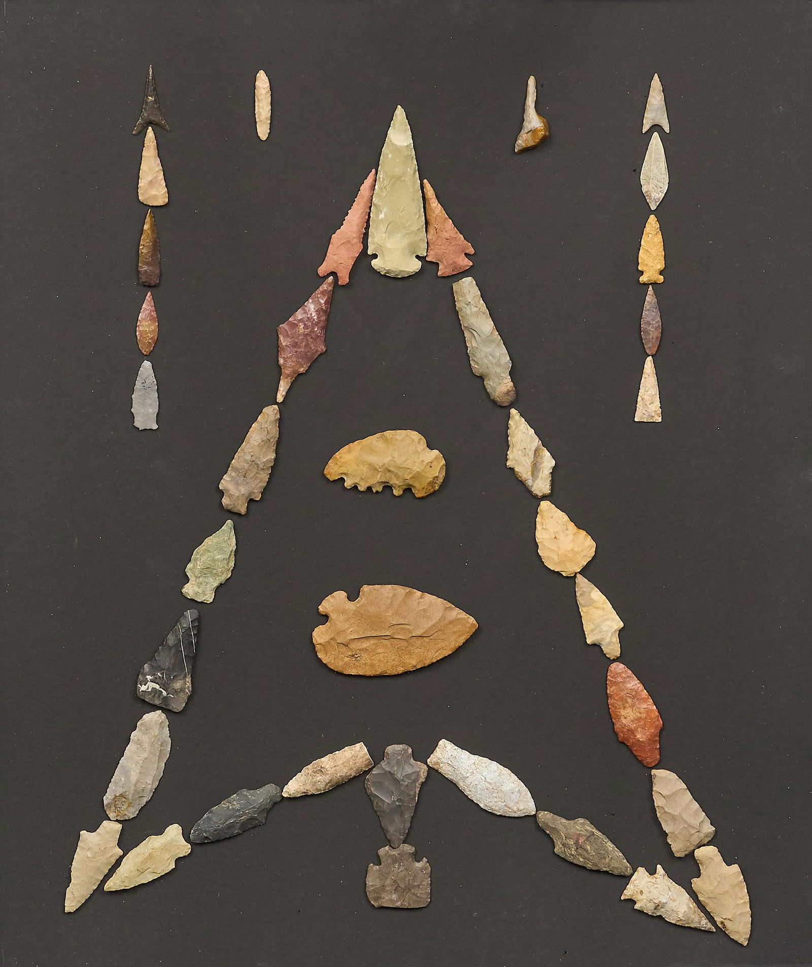 Arrowhead Display, "Buffalo Hunting Tools": Buffalo Hunting Tools, Jerry Bostic (San Antonio, Texas, 20th century), 2025, framed collection of thirty-eight pre-1600 AD stone projectile points, signed on verso frame: 27 x 23