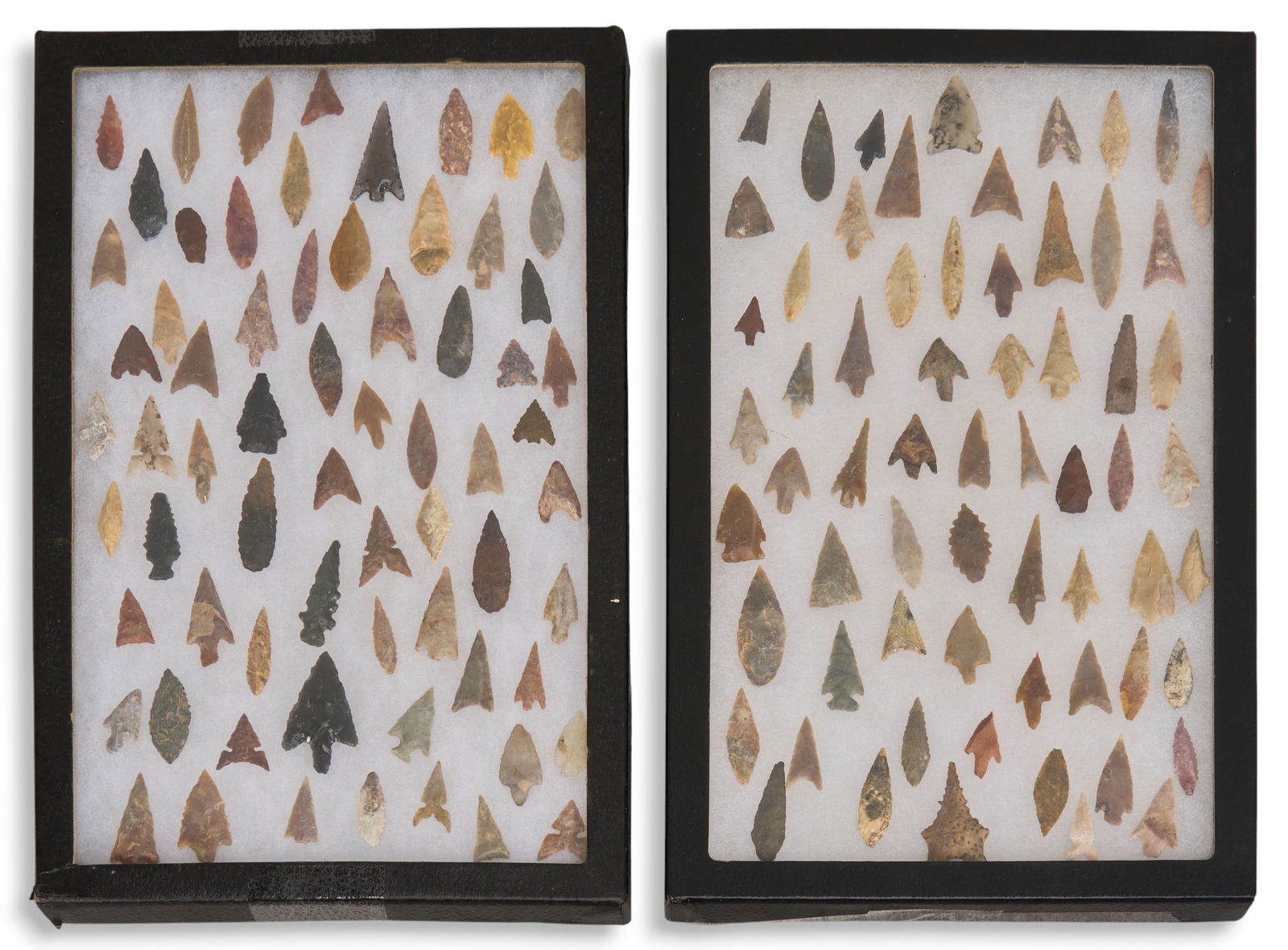 (2) Framed Projectile Point Displays: Two framed collections of carved projectile points, with various stone types and sizesheight 12.25 in. x width 8.25 in. x depth 1 in.Provenance: Property from a San Antonio, Texas collector of