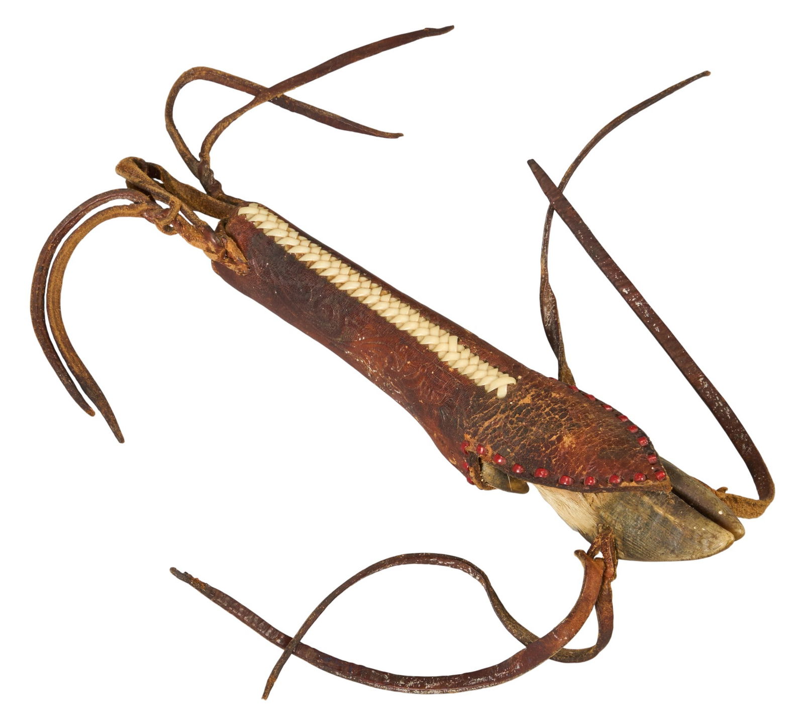 Hoof Quirt: Primitive quirt, pronghorn hoof with tooled leatherlength 10 in. x width 1.5 in. x depth 2 in. Provenance: Property from a Boerne, Texas antiques collector