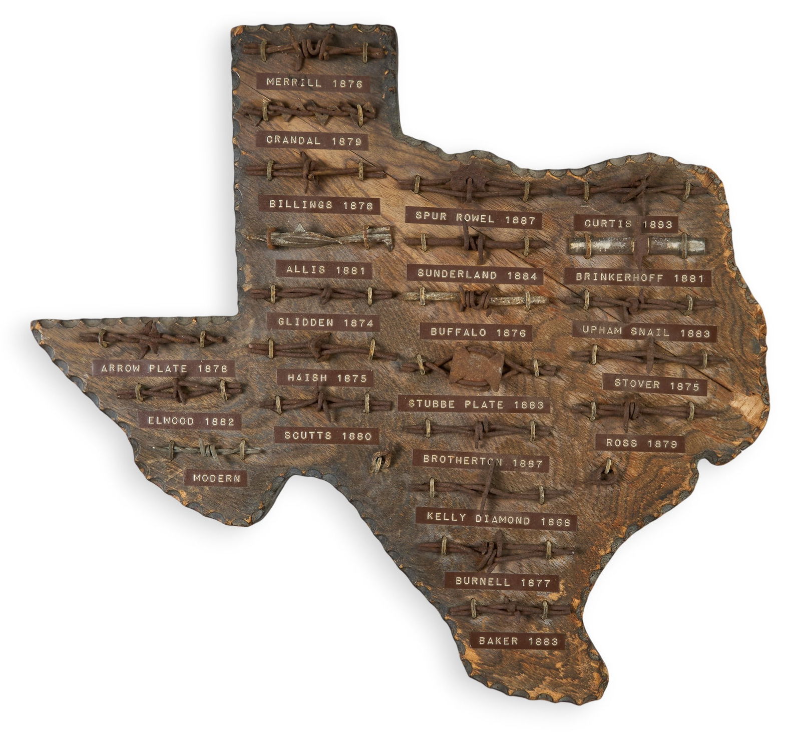 Early Texas Barbed Wire Display: Vintage barbed wire wall display, wooden form in the shape of the state of Texas, with different barbed wire, each labeled and datedheight 16 in. x width 16 in. x depth 2 in.Provenance: Property