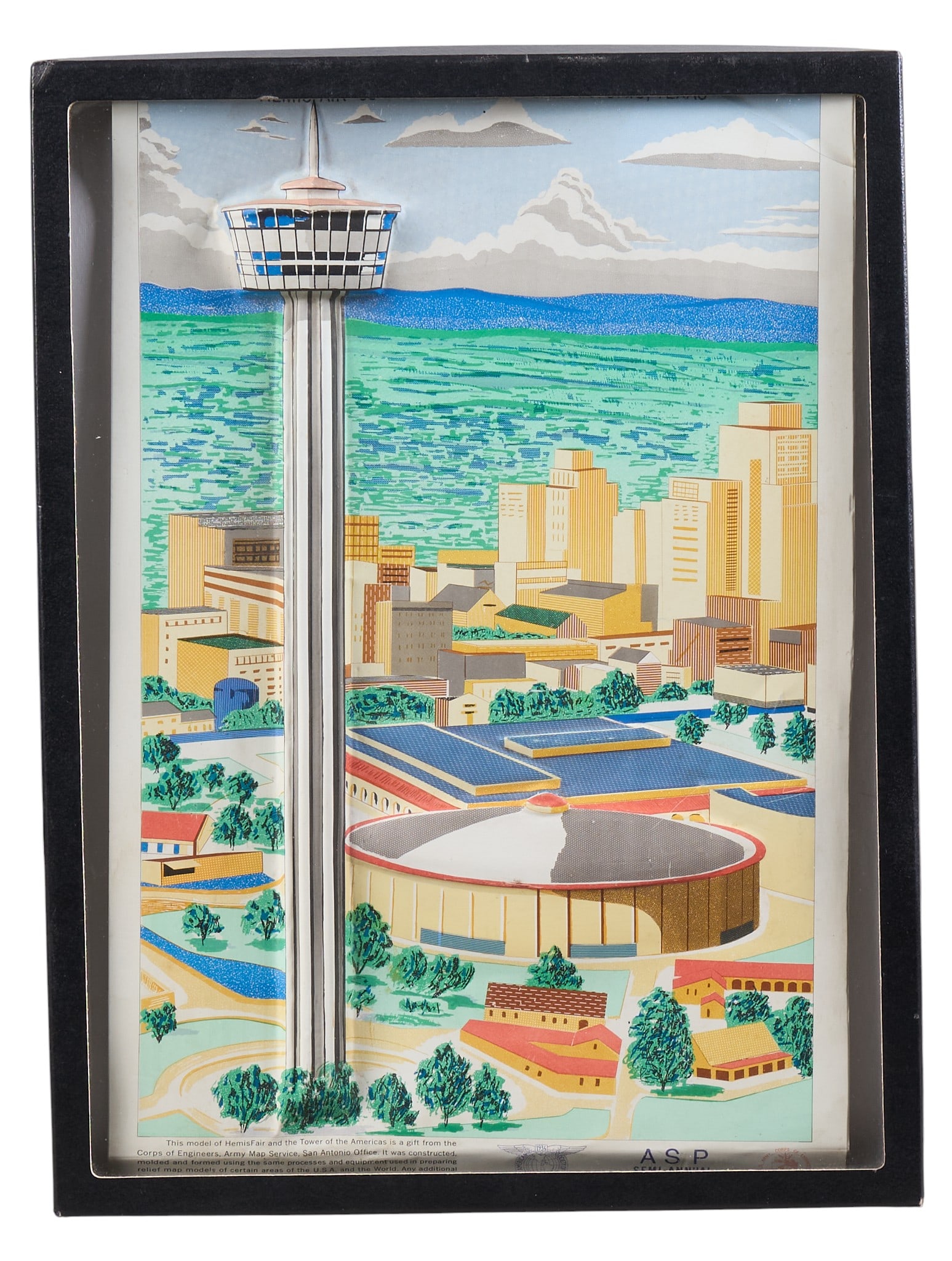 San Antonio HemisFair Park '68 Poster: Commemorative poster for San Antonio's HemisFair '68 World's Fair, featuring Tower of the Americas, with raised designheight 16.5 in. x width 12.5 in. Provenance: Property from a