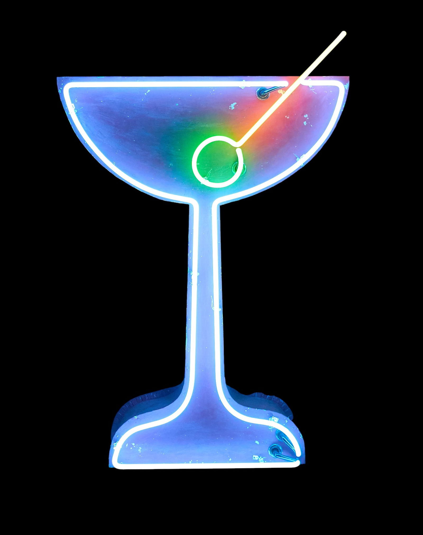 Martini and Olive Neon Sign: Four-foot-tall martini and olive neon sign, in working condition, includes wooden moving frame height 48 in. x width 34 in. x depth 10.5 in.Provenance: Property from a New Braunfels, Texas collector