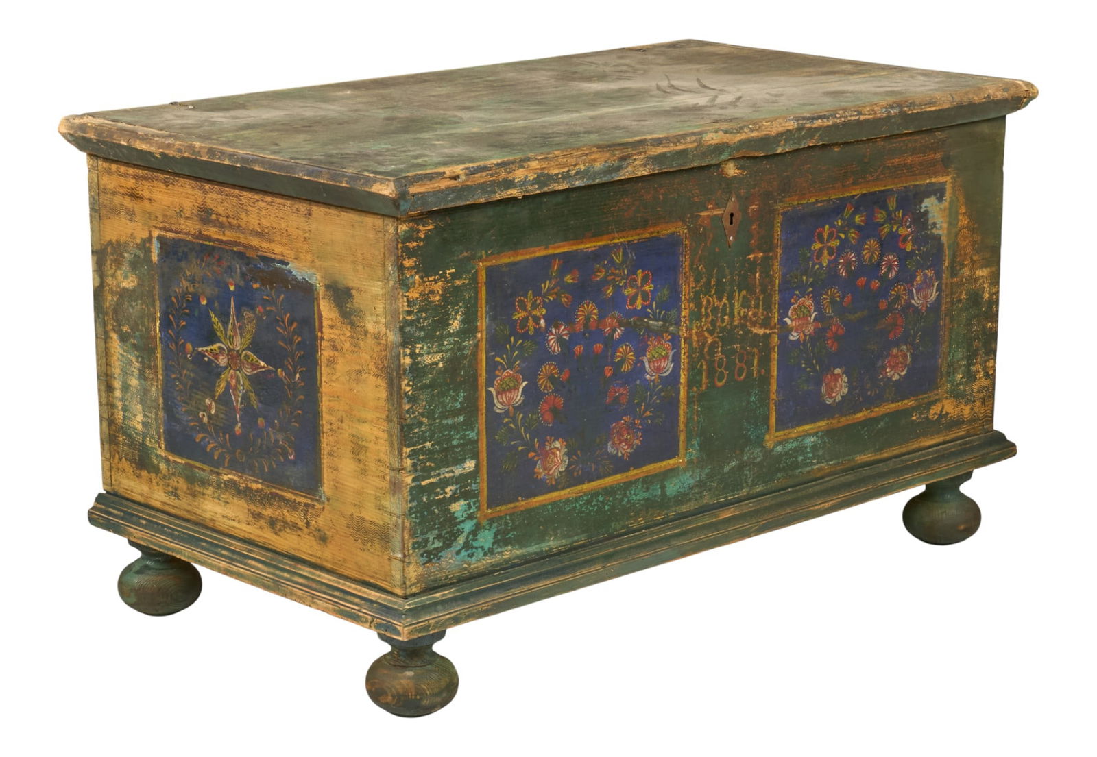 Rustic Painted Wedding Chest: Rustic wedding chest with hand-painted decoration, with distressed green paint, supported on bun feet height 27 in. x width 48 in. x depth 27.5 in. 