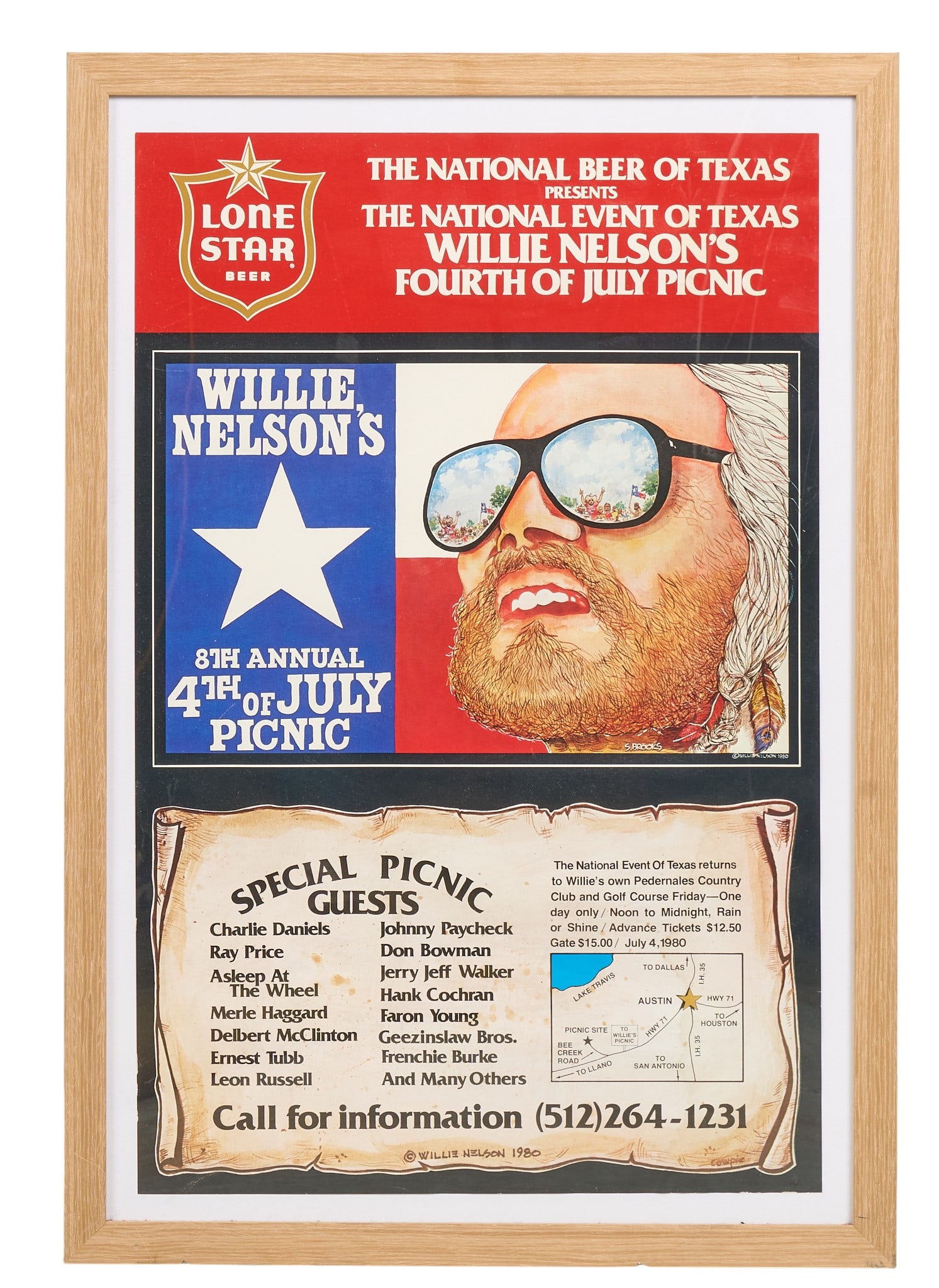 Framed Willie Nelson 4th of July Picnic Poster, 1980: Framed poster to commemorate Willie Nelson's 1980 4th of July Picnic event in Austin, Texas, sponsored by Lone Star Beer (Texas)height 33 in. x width 23 in. x depth 1 in.Provenance: