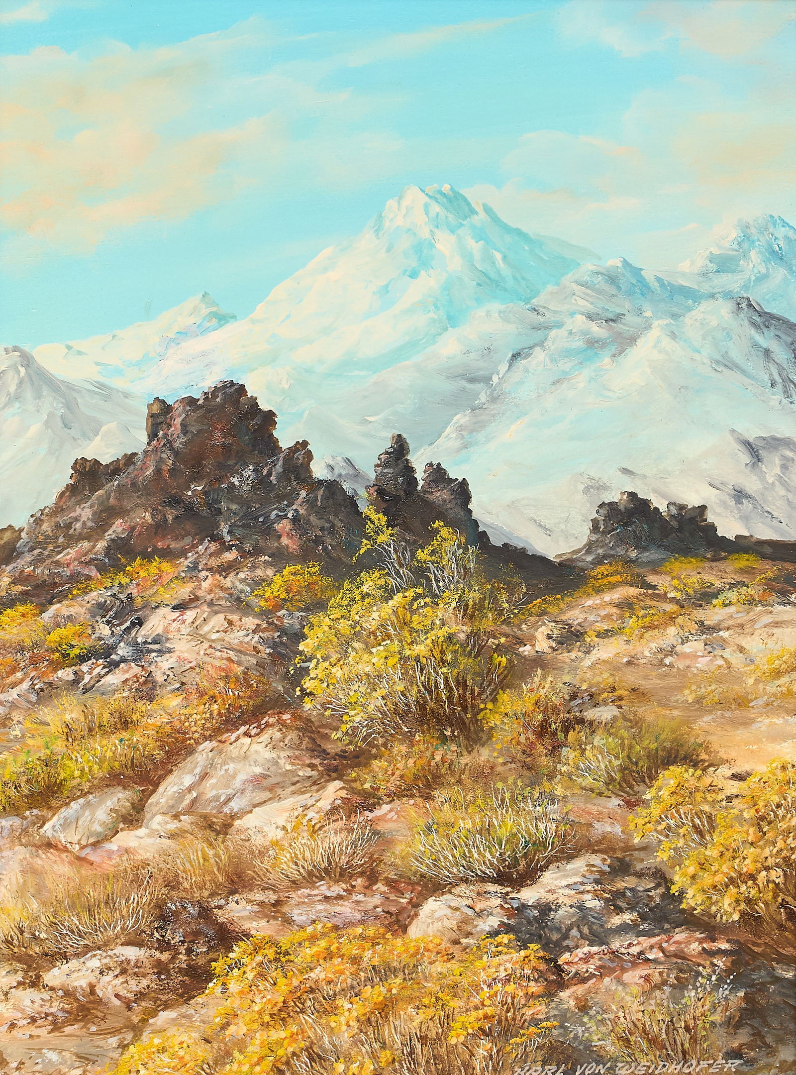 Karl Von Weidhofer, Mountainside Brush: Karl von Weidhofer (California, 1920-2001), mountainside brushy landscape, oil on canvas laid to panel, artist's gallery sticker affixed to the versosight: 16 x 12 in., frame: 21 x 17
