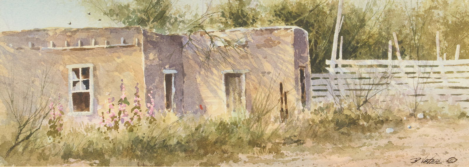 Bernard Vetter, Adobe and Hollyhocks: Bernard Vetter (Texas, b. 1940), view of an adobe home with hollyhocks growing in the front yard, watercolor on watercolor paper, signed lower rightsight: 8 x 20 in., frame: 17 x 29