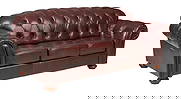 Tufted Leather Sofa: Sofa with tufted reddish-brown leathe rupholstery, supported on bun feet height 35 in. x width 88 in. x depth 35 in.