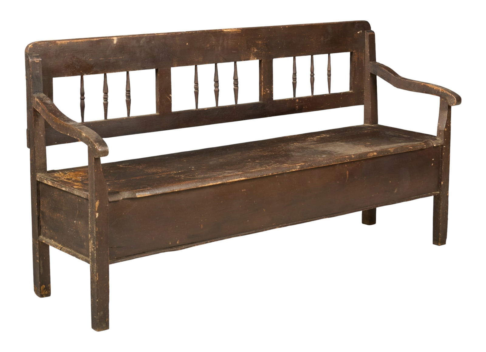 Rustic Storage Bench: Rustic wooden bench with hinge seat opening to storage, with distressed brown paintheight 39 in. x width 71.5 in. x depth 23 in. 