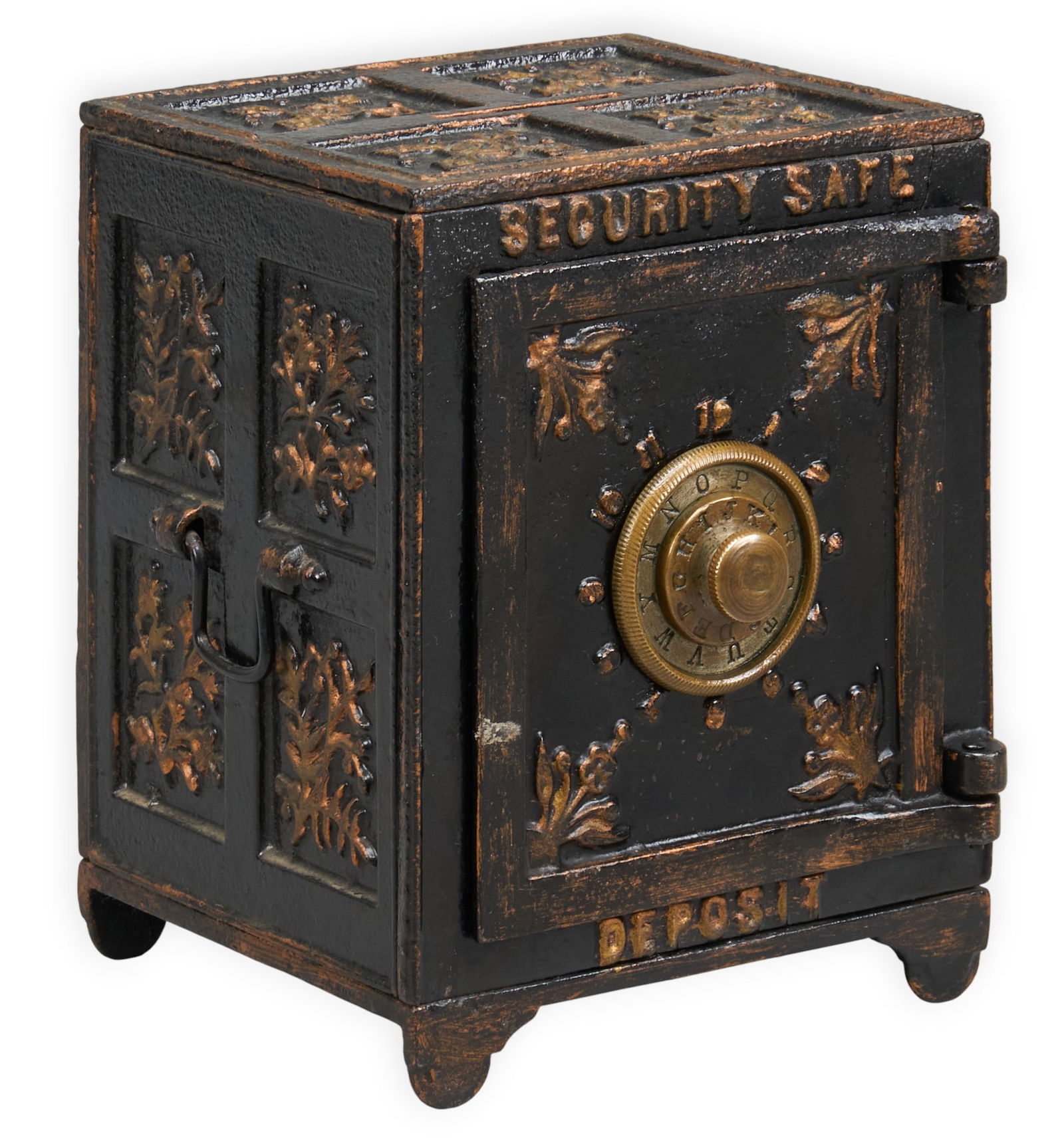 Security Safe Deposit Iron Bank: Cast iron saftey depost bank, manufactured by Kyser and Rex, circa 1890sheight 6 in. x width 5 in. x depth 4.5 in. Provenance: Property from a home in San Antonio, Texas
