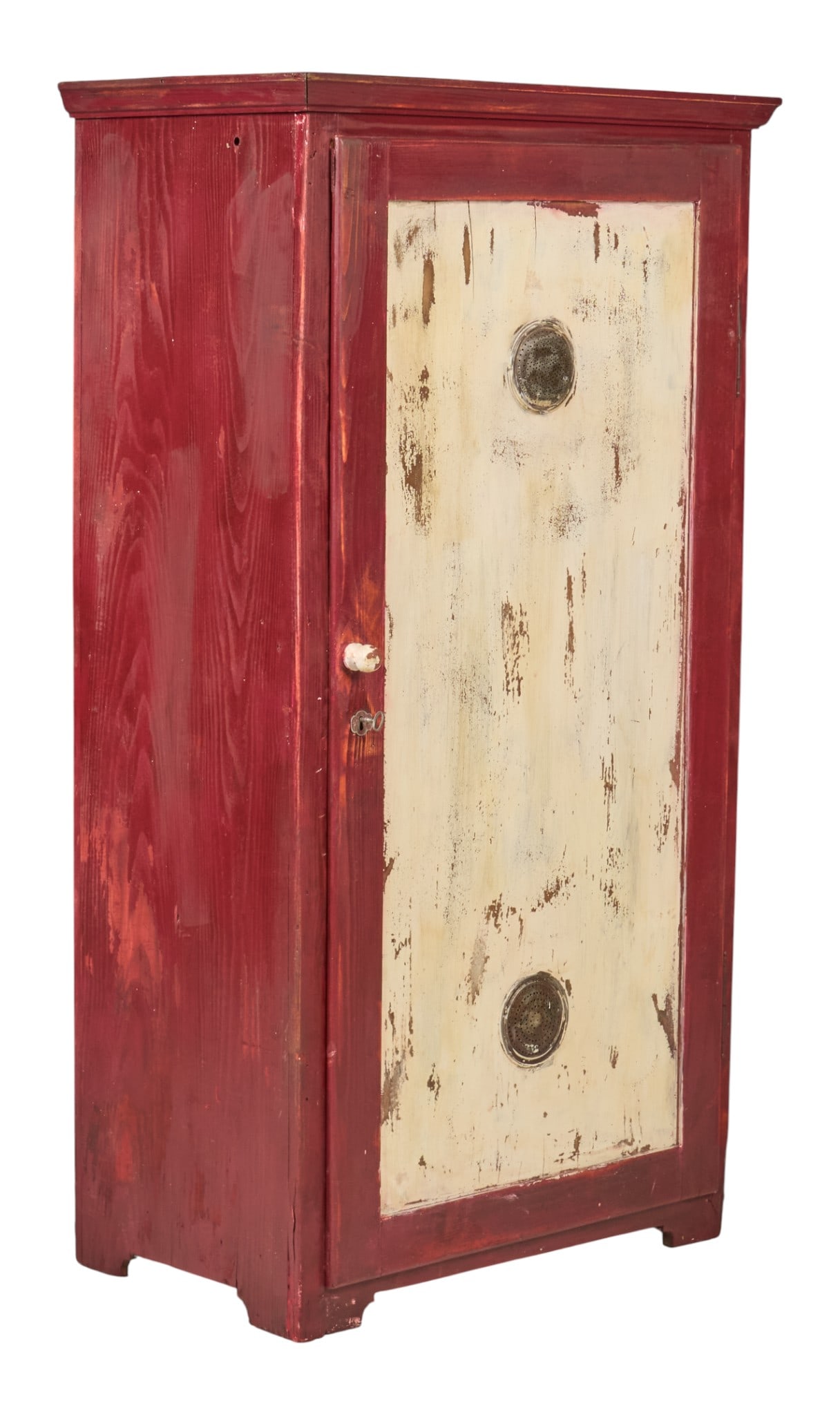 Rustic Pie Safe: Rustic pie safe with vented door, and interior shelving, with red and white distressed paint finishheight 59 in. x width 32 in. x depth 19 in. 
