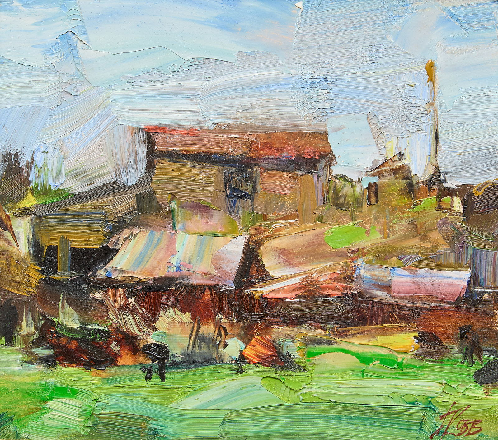 Laura Robb, "Farmyard in Taos": Laura Robb (New Mexico / Oklahoma, b. 1955), "Farmyard in Taos", oil on panel, signed lower right, with Shriver Gallery label on the verso (Taos, New Mexico)sight: 5 x 6