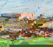 Laura Robb, "Farmyard in Taos": Laura Robb (New Mexico / Oklahoma, b. 1955), "Farmyard in Taos", oil on panel, signed lower right, with Shriver Gallery label on the verso (Taos, New Mexico)sight: 5 x 6