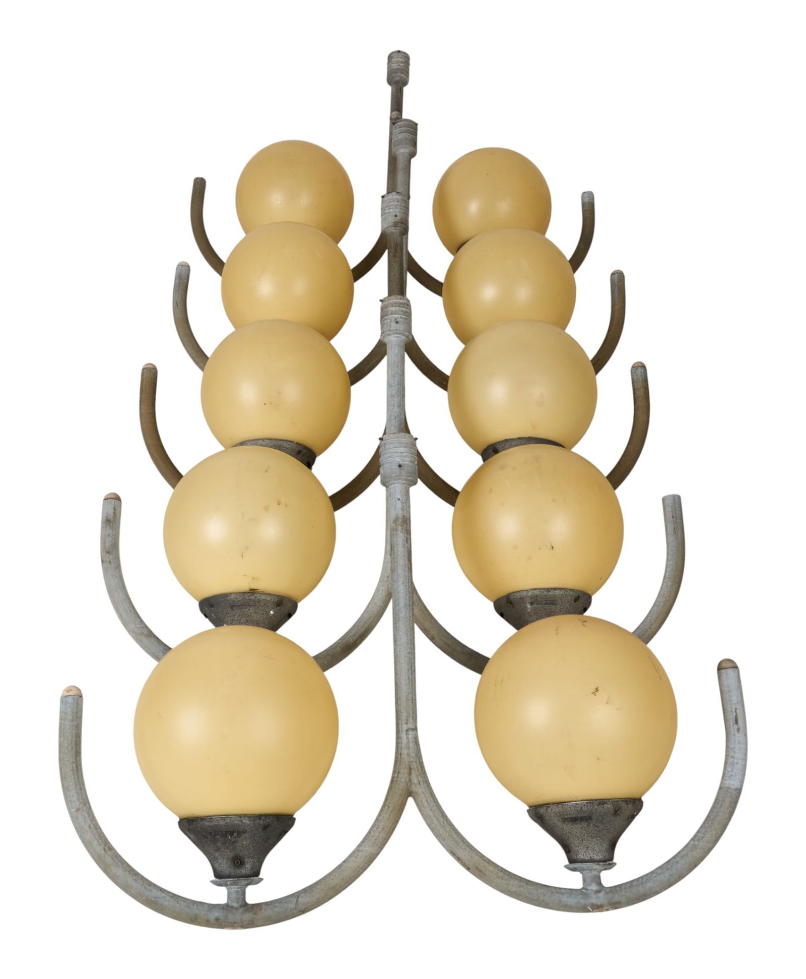 Vintage Industrial Light Fixtures: Five vintage industrial light fixtures, each with metal frame with spherical, off-white glass shades, dated 1994 height 36 in. x width 51 in. x depth 15 in. / each