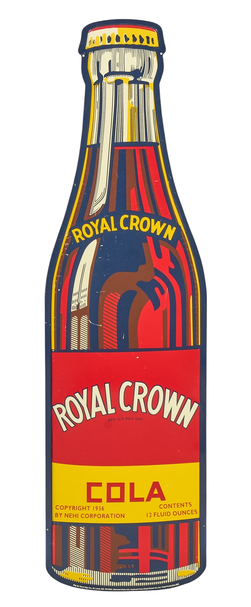 Royal Crown Bottle Sign: Vintage single-sided painted metal Royal Crown Cola sign with bottle shapeheight 39 in. x width 11 in. Provenance: Property from a New Braunfels, Texas collector of vintage signage 