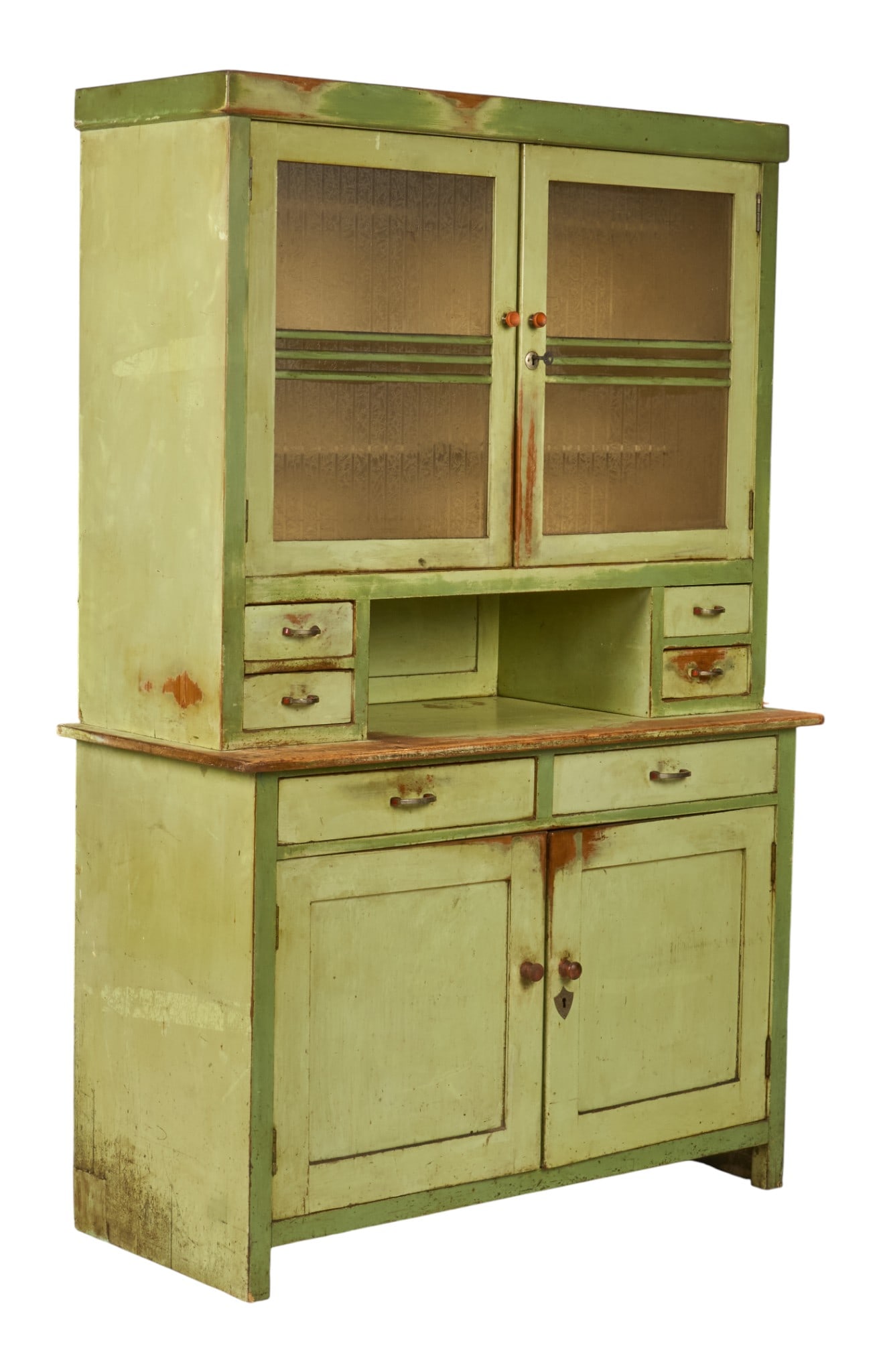 Green Farmhouse Cabinet: Painted rustic farmhouse cabinet with pair of upper glass front cabinet with interior shelfves, six drawers, and bottom cabinet, with distressed green paint finish height 73 in. x width 48 in. x