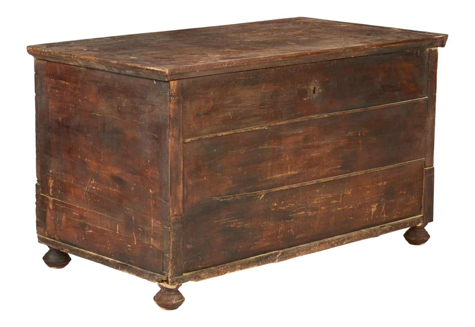 Rustic Chest: Rustic chest with natural finish, supported on bun feetheight 27 in. x width 26 in. x depth 47 in. 
