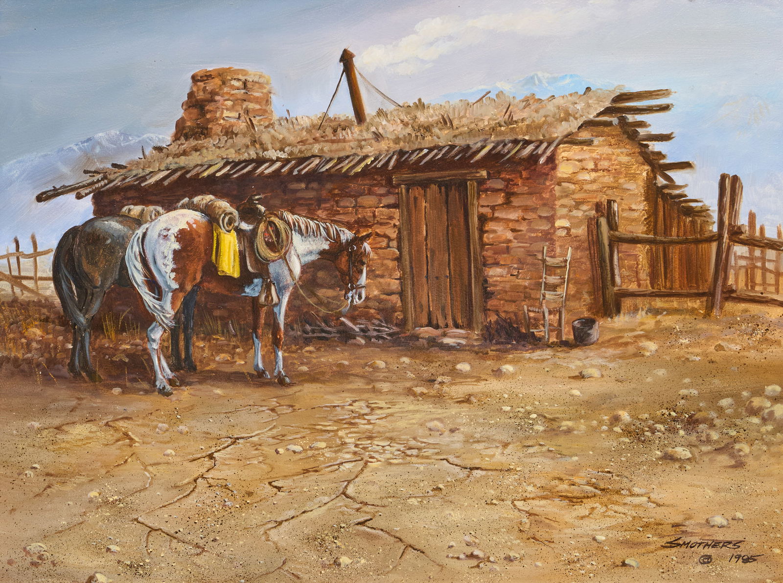 Larry Smothers, "Sod Shack", 1985: Larry Smothers (Amer., 20th-21st C.), "Sod Shack", oil on panel, signed and dated lower right, 1985sight: 18 x 24 in., frame: 28 x 34 in.Provenance: Property deaccessioned from a major