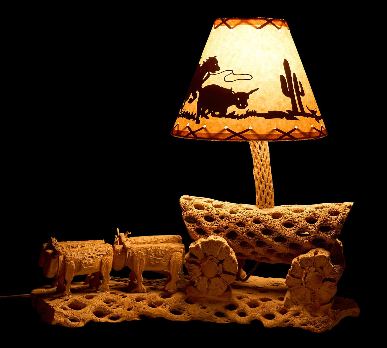 Folk Art Cholla Cactus Lamp: Vintage rustic cholla cactus folk art lamp, in working condition, circa mid-20th century height 18 in. x width 17 in. x width 6.5 in. Provenance: Property from a San Antonio, Texas collector of vintag