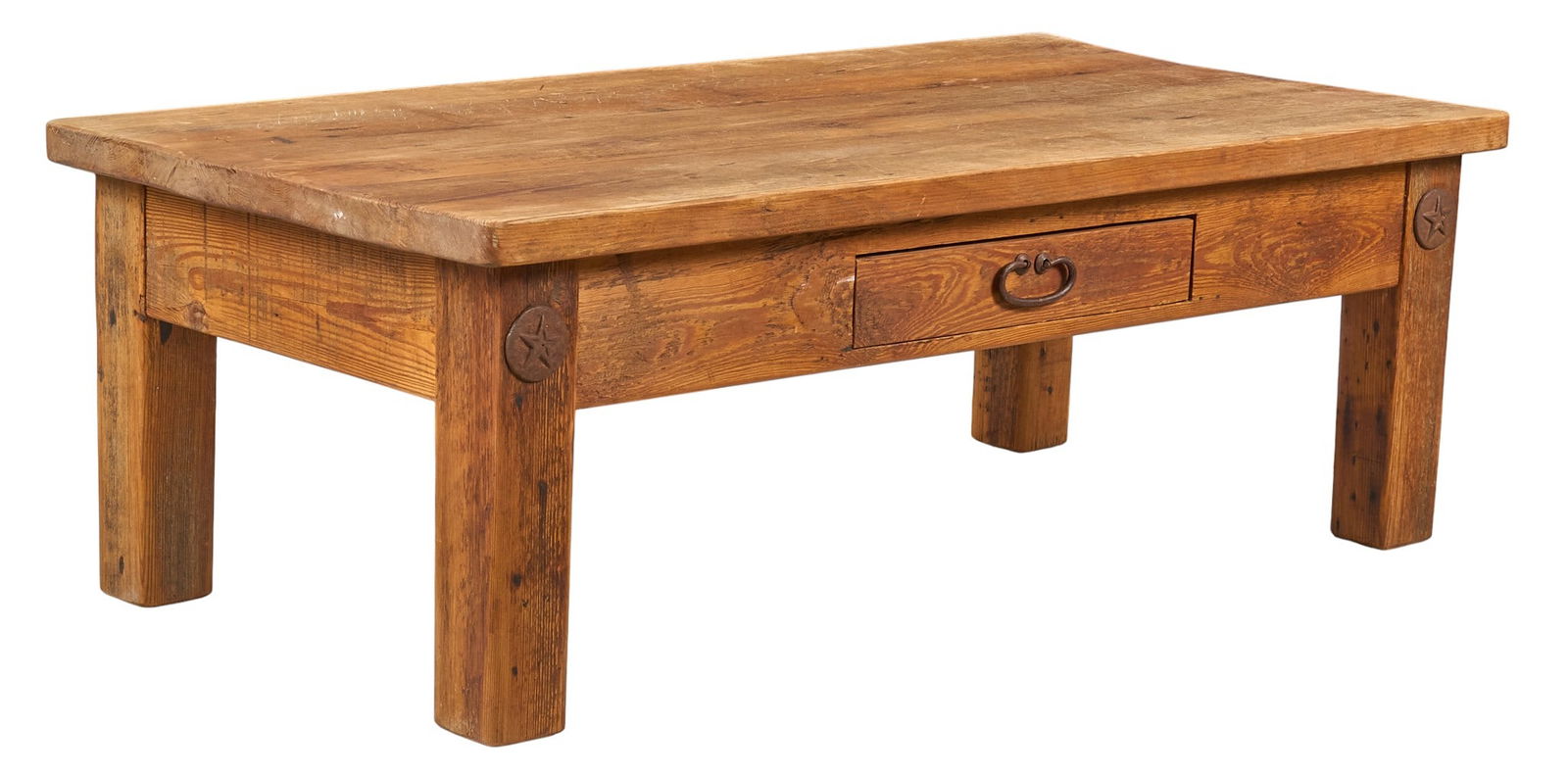 Ranch Style Coffee Table: Ranch style coffee table with single drawer, supported on block legs height 19 in. x width 53.5 in. x depth 28 in. Provenance: Property from a home in San Antonio, Texas