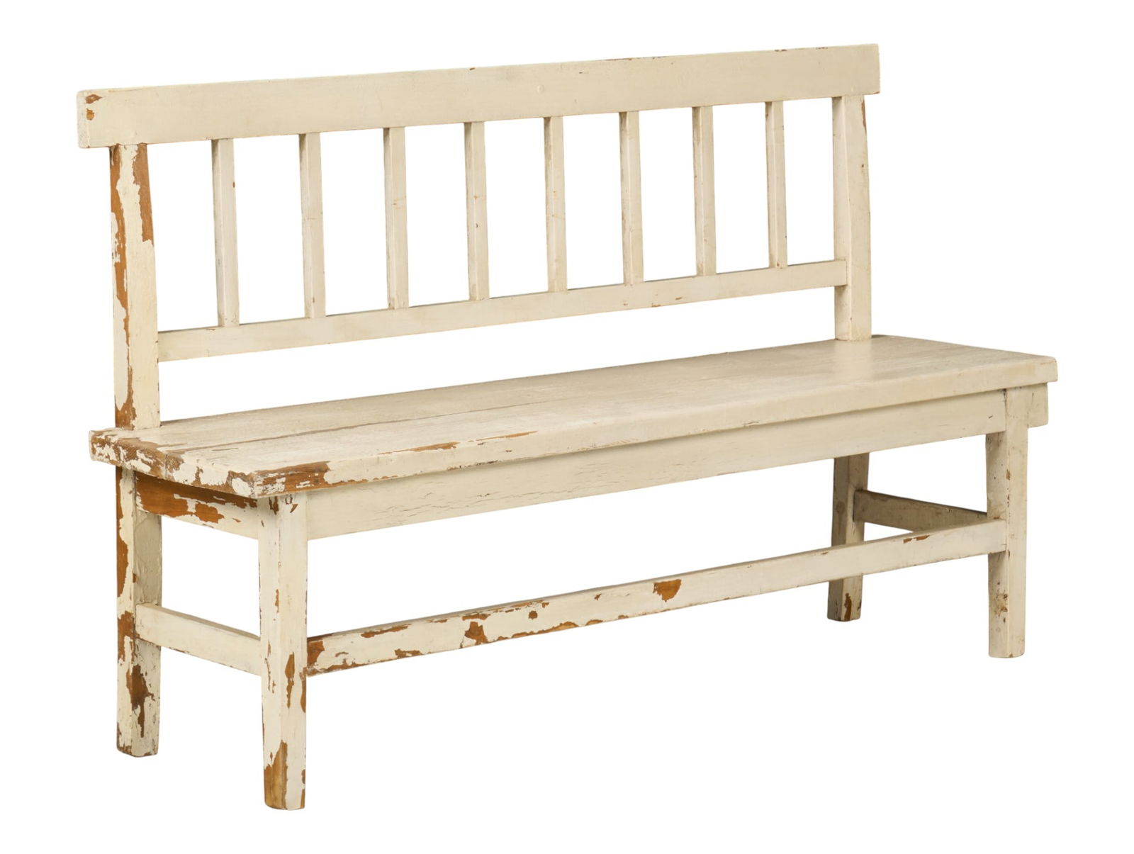 Rustic Painted Bench: Rustic wooden bench with distressed white wash finish, supported on block legsheight 36 in. x width 59 in. x depth 16 in. 
