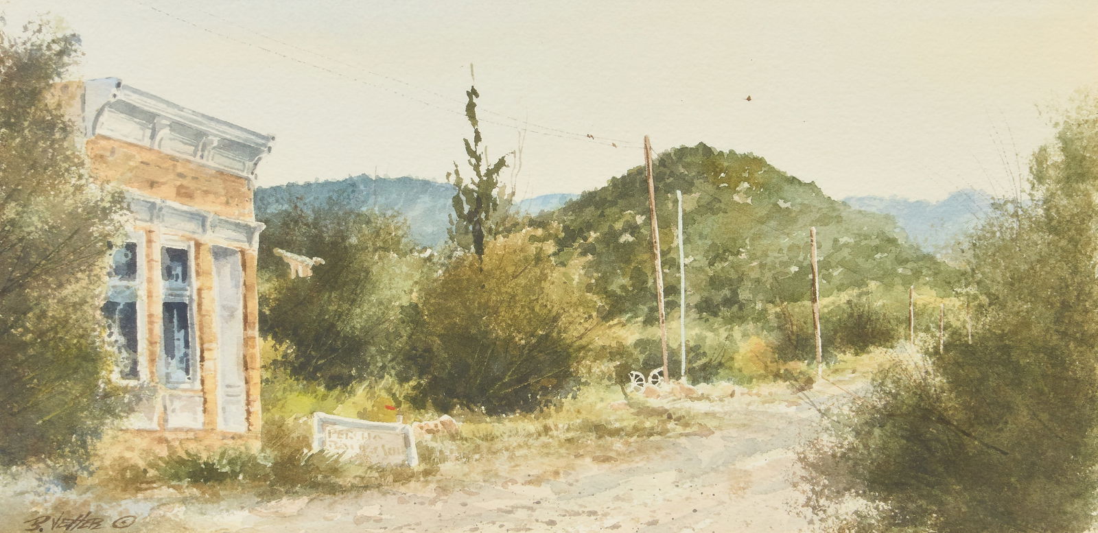 Bernard Vetter, "Percha Bank, Kingston, N. Mex.": Bernard Vetter (Texas, b. 1940), "Percha Bank, Kingston, N. Mex.", watercolor on watercolor paper, signed lower left, titled on the versosight: 9 x 18 in., frame: 18.5 x