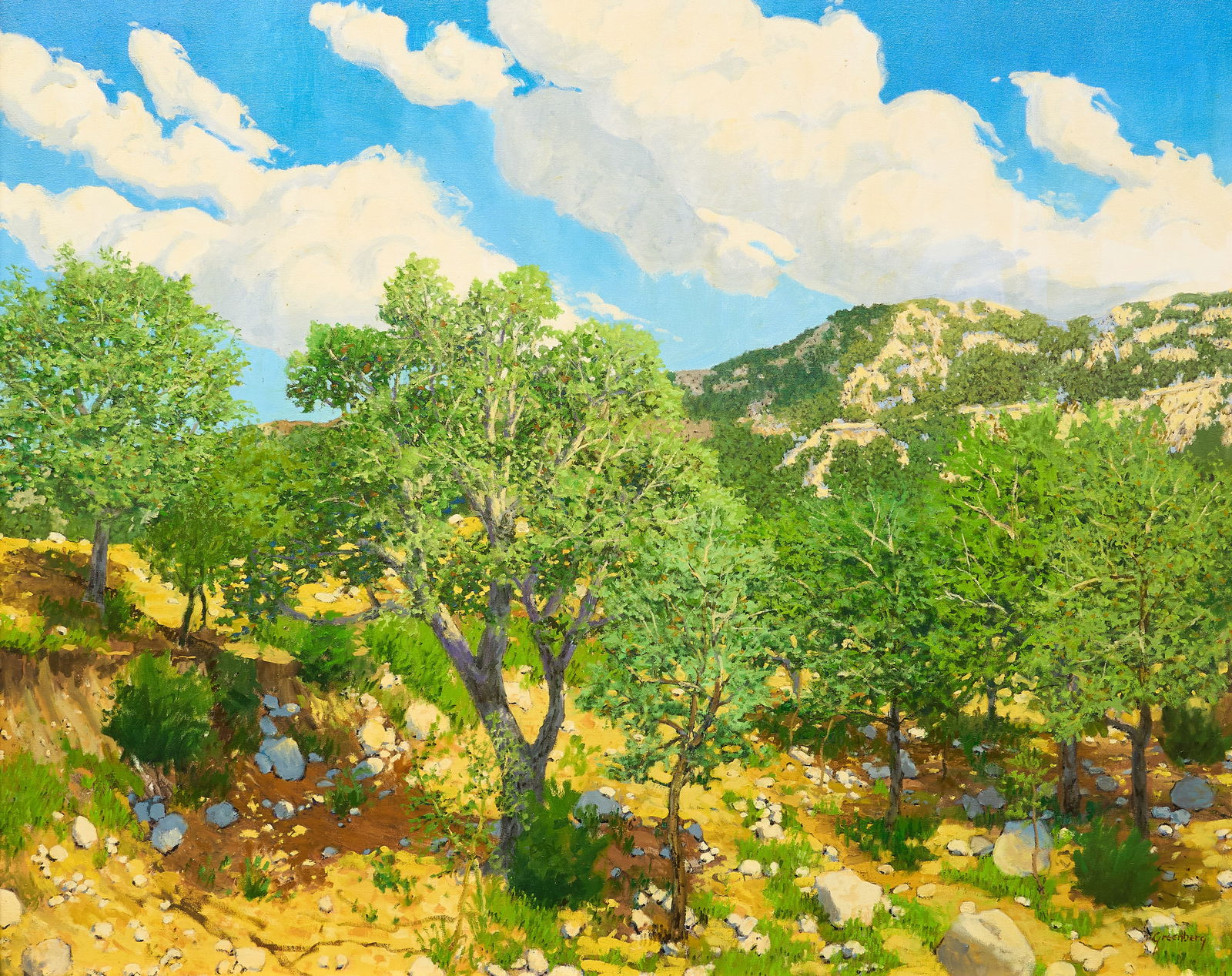 Jerry Greenberg, Hill Country Hillside: Jerry Greenberg (Texas, b. 1946), rocky hillside in the Texas Hill Country, oil on canvas, signed lower rightsight: 40 x 50 in., frame: 43 x 53 in.Provenance: Property from a Houston,