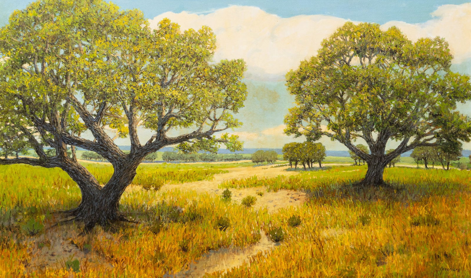 Jerry Greenberg, Fredericksburg Oaks: Jerry Greenberg (Texas, b. 1946), Fredericksburg landscape with oak trees, oil on canvas, signed lower rightsight: 36 x 60 in., frame: 39 x 63 in.Provenance: Property from a Houston,