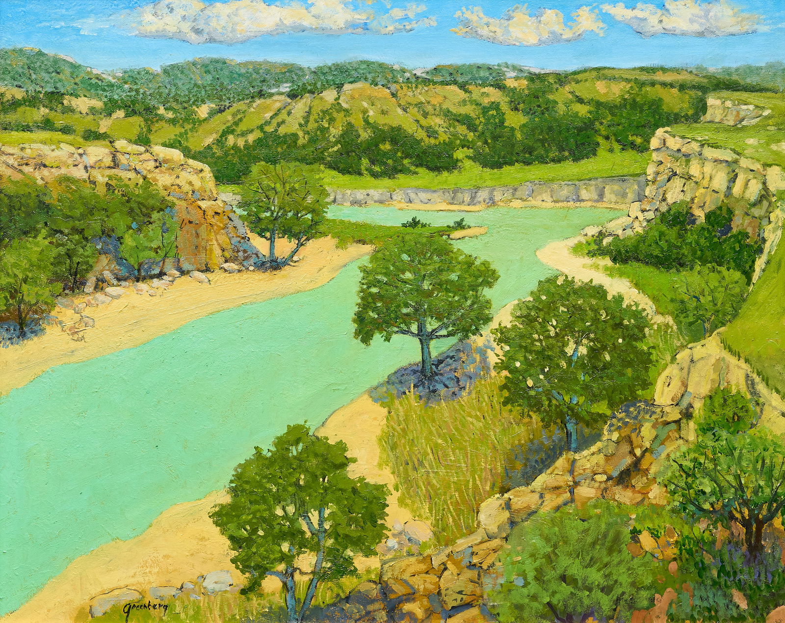 Jerry Greenberg, Texas River Valley: Jerry Greenberg (Texas, b. 1946), bird's-eye view of a Texas river landscape, oil on canvas, signed lower leftsight: 24 x 30 in., frame: 30.5 x 36.5 in.Provenance: Property from a Houston,
