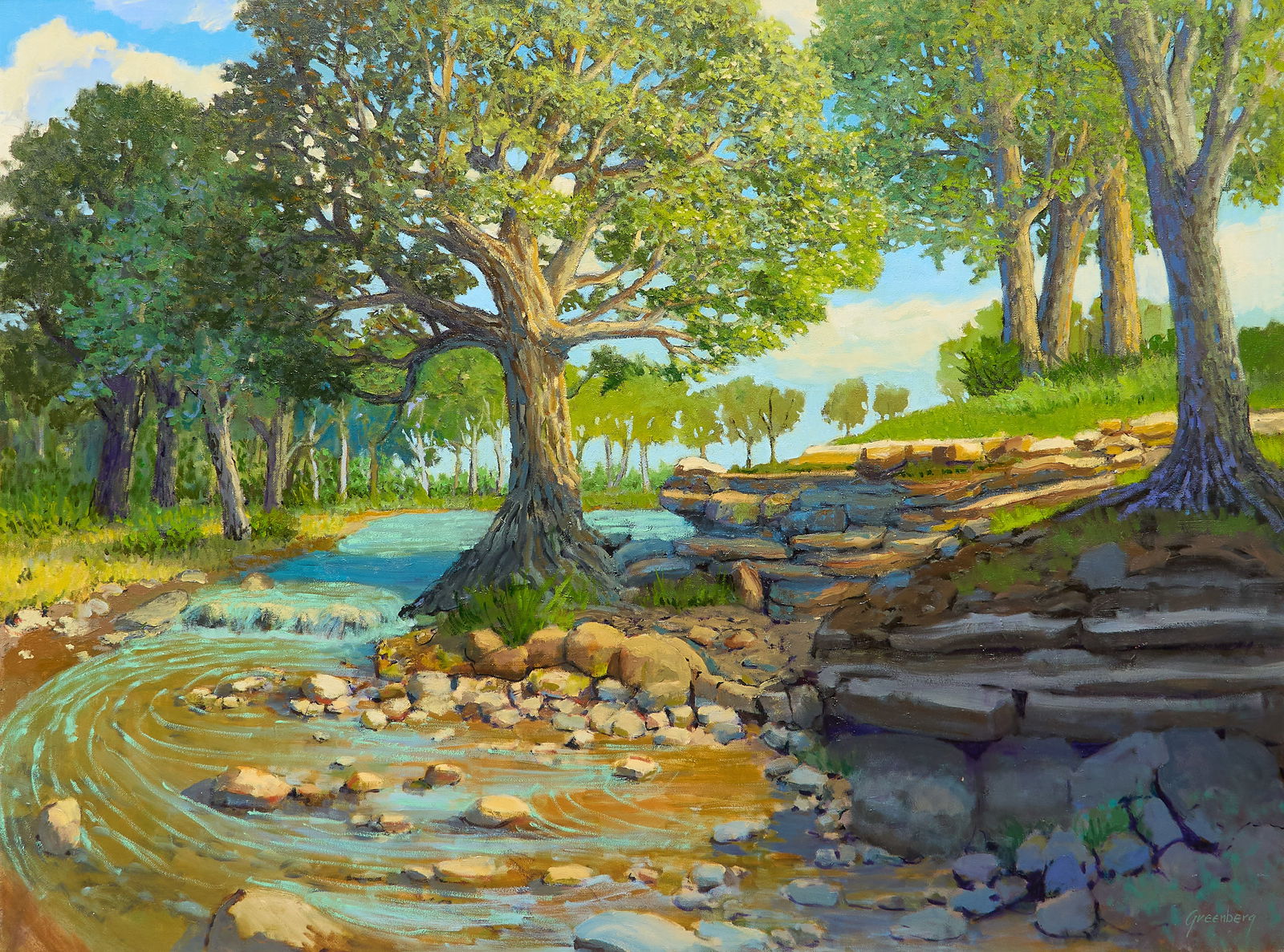 Jerry Greenberg, Rocky Creek: Jerry Greenberg (Texas, b. 1946), rocky creek bed and trees, oil on canvas, signed lower rightsight: 30 x 40 in., frame: 37.5 x 47.5 in.Provenance: Property from a Houston,