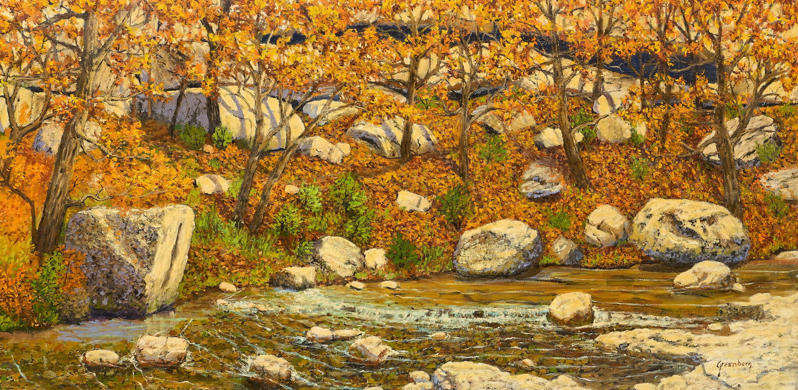 Jerry Greenberg, Lost Maples: Jerry Greenberg (Texas, b. 1946), view of hillside bank of the Sabinal River in Lost Maples State Natural Area, oil on canvas, signed lower rightsight: 24 x 48 in., frame: 32 x 56 in.Provenance:
