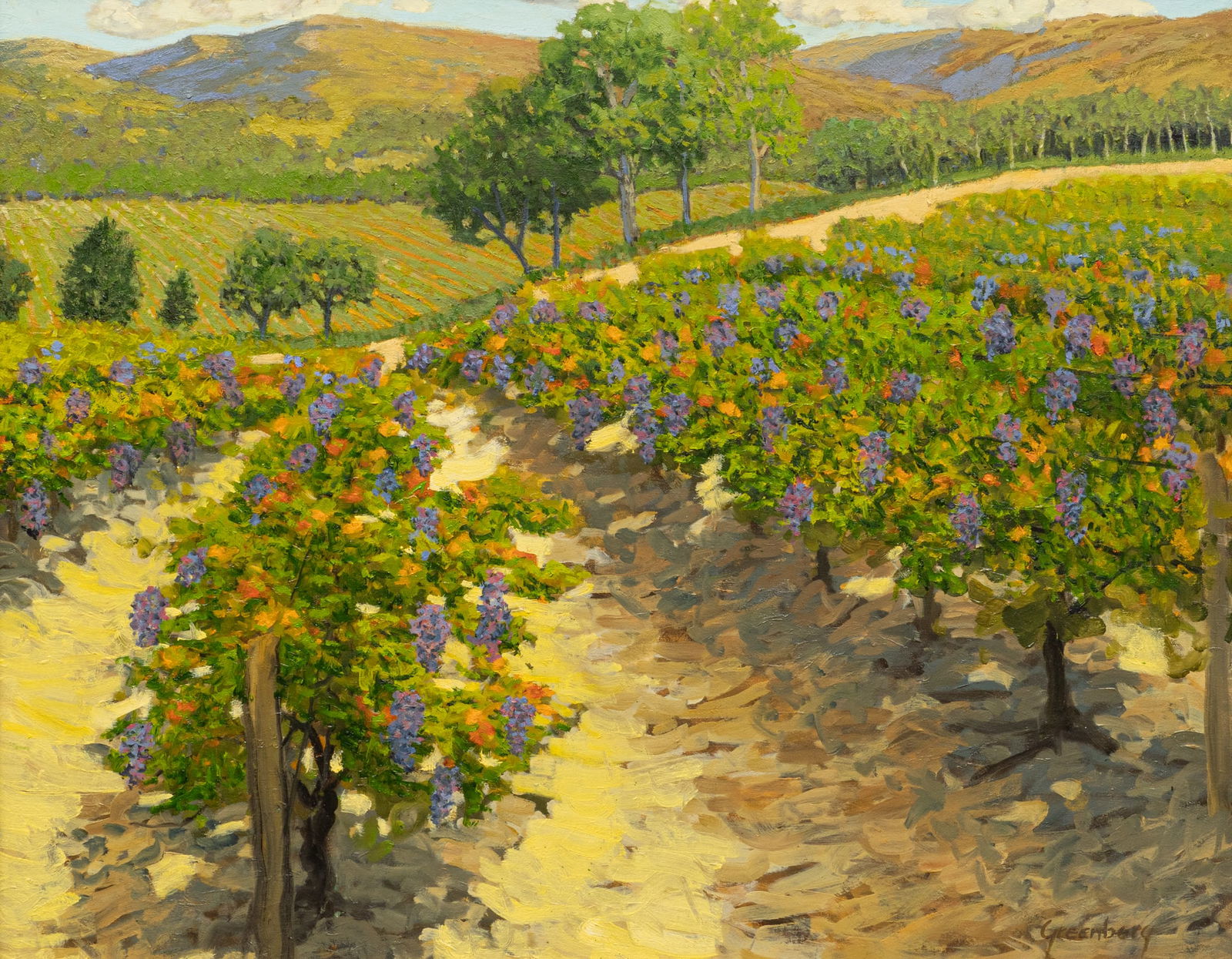 Jerry Greenberg, Napa Valley Vineyard: Jerry Greenberg (Texas, b. 1946), view of the vines at a Napa Valley Vineyard, oil on canvas, signed lower rightsight: 24 x 30 in., frame: 27 x 33 in.Provenance: Property from a Houston,