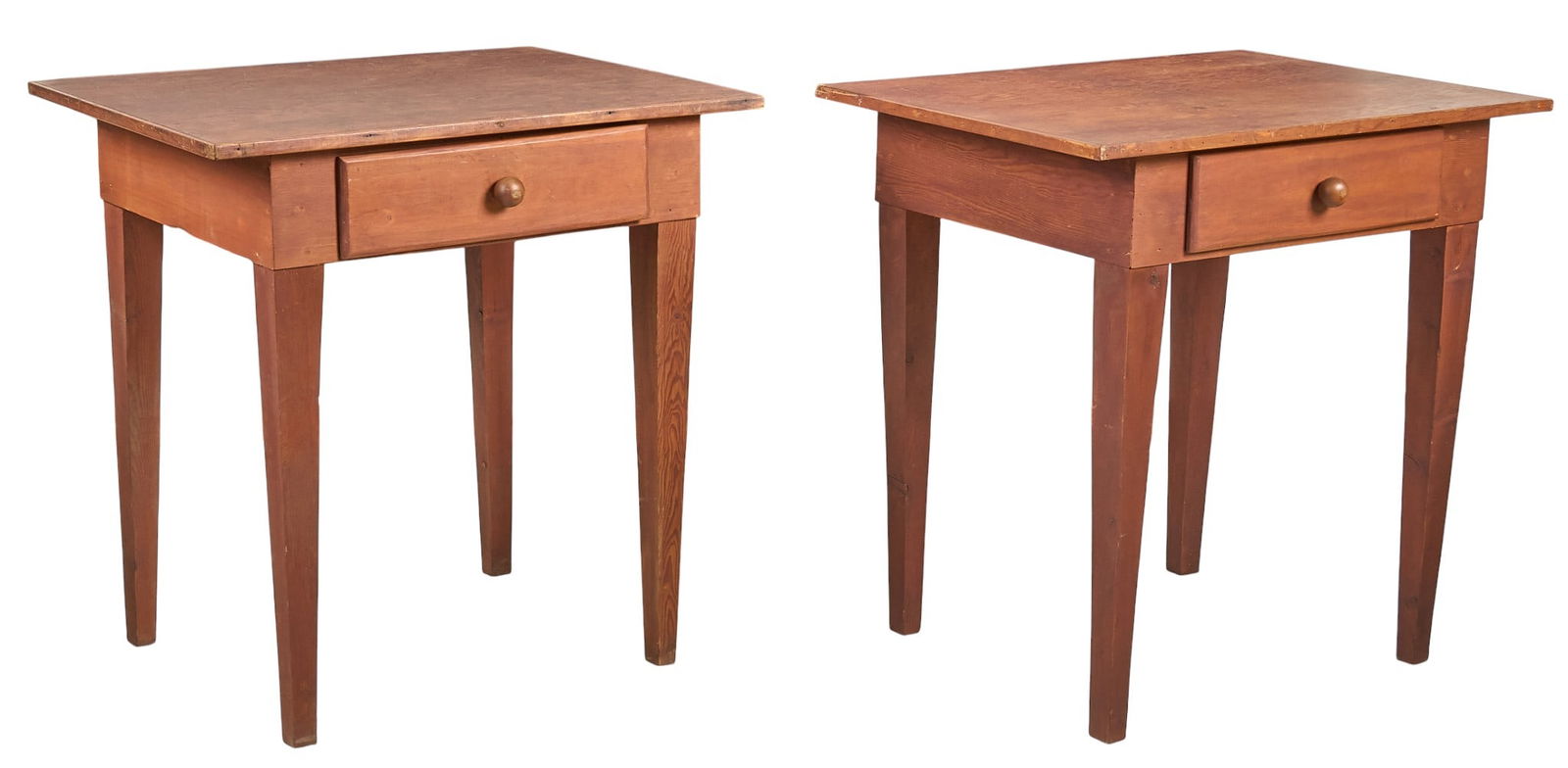 Pair of Vintage Rustic Tables: Pair of vintage, rustic side tables, each with single drawer, supported on tapered block legs height 30.5 in. x width 30.5 in. x depth 23.5 in. / each Provenance: Property from a home in Sa