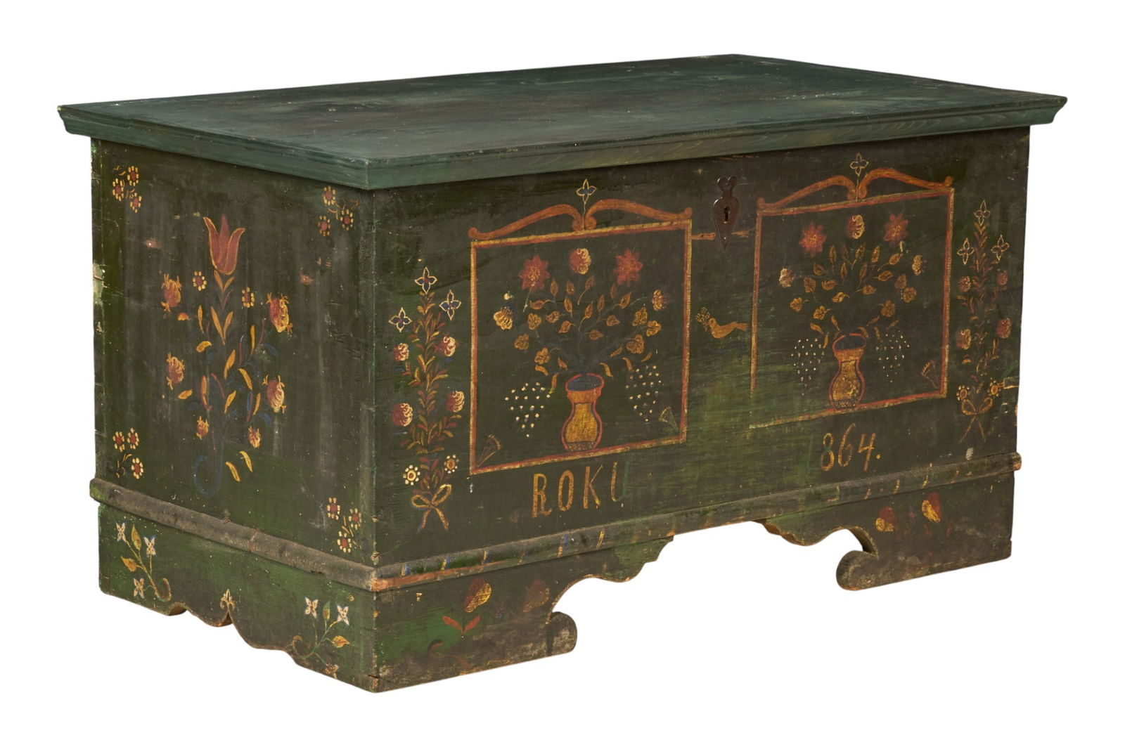 Painted Wedding Chest: Painted wedding chest with hand-painted floral decorationheight 26 in. x width 49 in. x depth 27 in. 