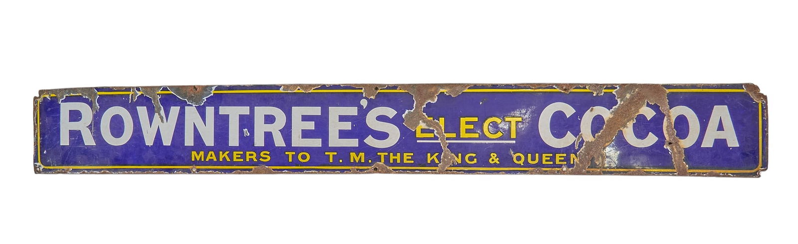 Vintage Porcelain Rowntree's Cocoa Sign: Vintage porcelain coated metal sign for Rowntree's Cocoa, founded in 1862, and acquired by Nestle in 1988height 6 in. x width 48 in.Provenance: Property from a home in Azle, Texas