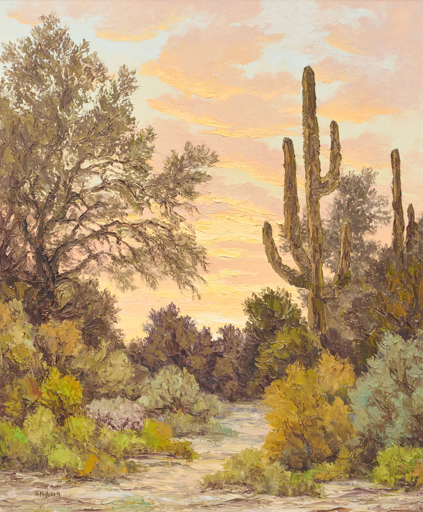 Susanne Nyberg, "Desert Silhouettes": Susanne Nyberg (Arizona, b. 1953), "Desert Silhouettes" (title on brass plaque), alternate title written on stretcher, "Peaceful Desert Wash", oil on canvas, signed lower
