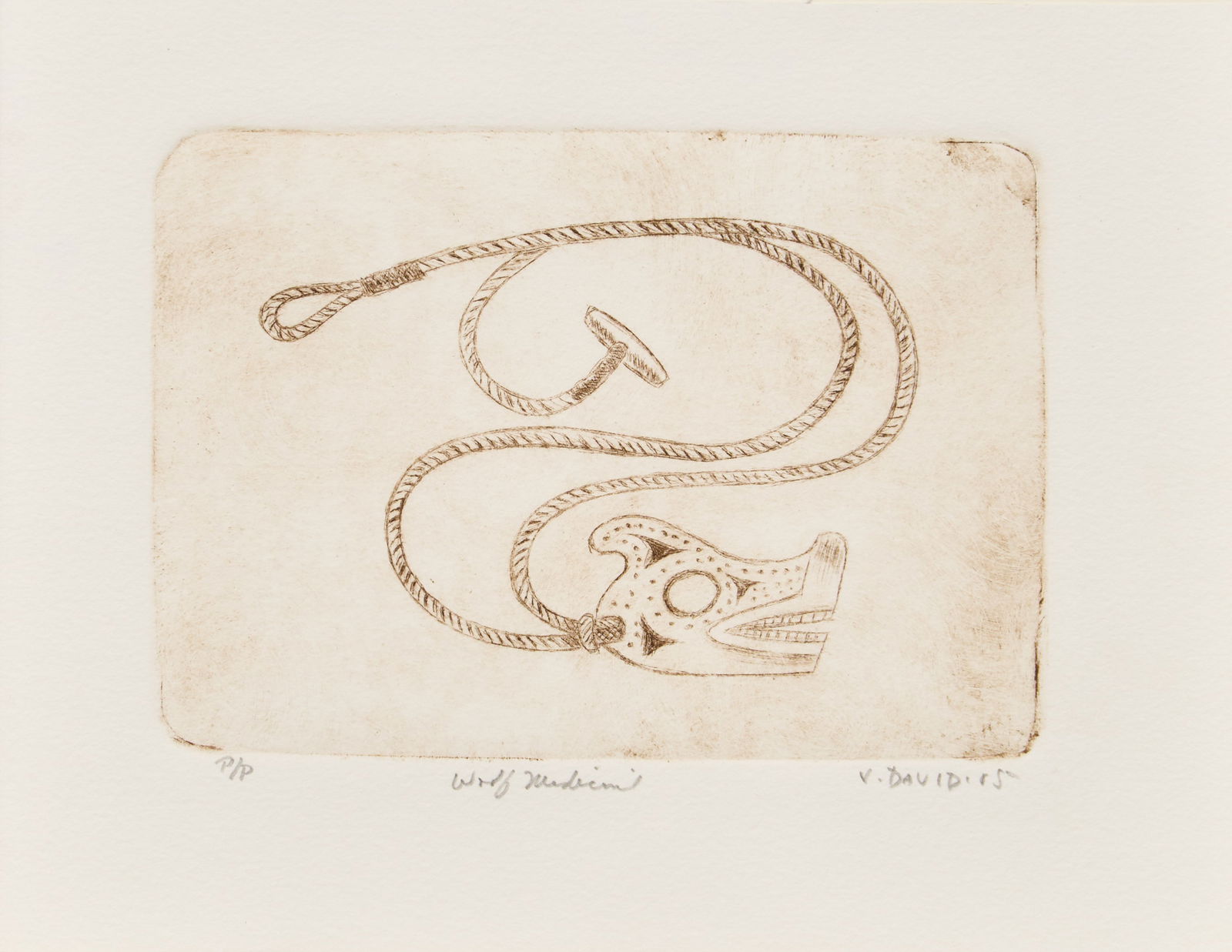 Joe David, "Wolf Medicine", 2005: Joe David (Washington / British Columbia, b. 1946), "Wolf Medicine", studio etching, signed and dated ('05) at lower right margin, titled lower center margin, inscribed P/P