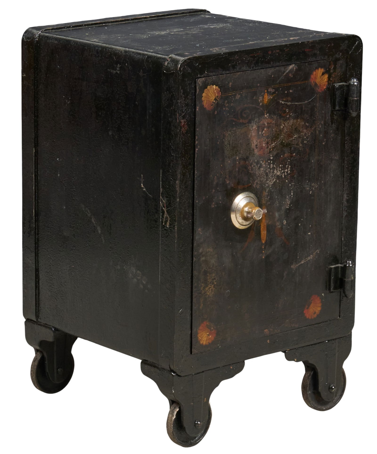 Victor Cast Iron Safe: Victor cast iron safe with silver-tone knob, interior shelving, and raised on four wheels, with combinationheight 29 in. x width 18 in. x depth 14.5 in.Provenance: Property from a home in San