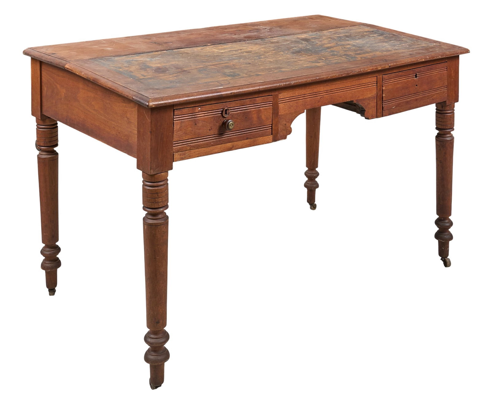 Antique Desk: Antique desk with two drawers, supported on turned legs with casters height 32 in. x width 52 in. x depth 30.5 in. Provenance: Property from the San Antonio, Texas Conservation Society 