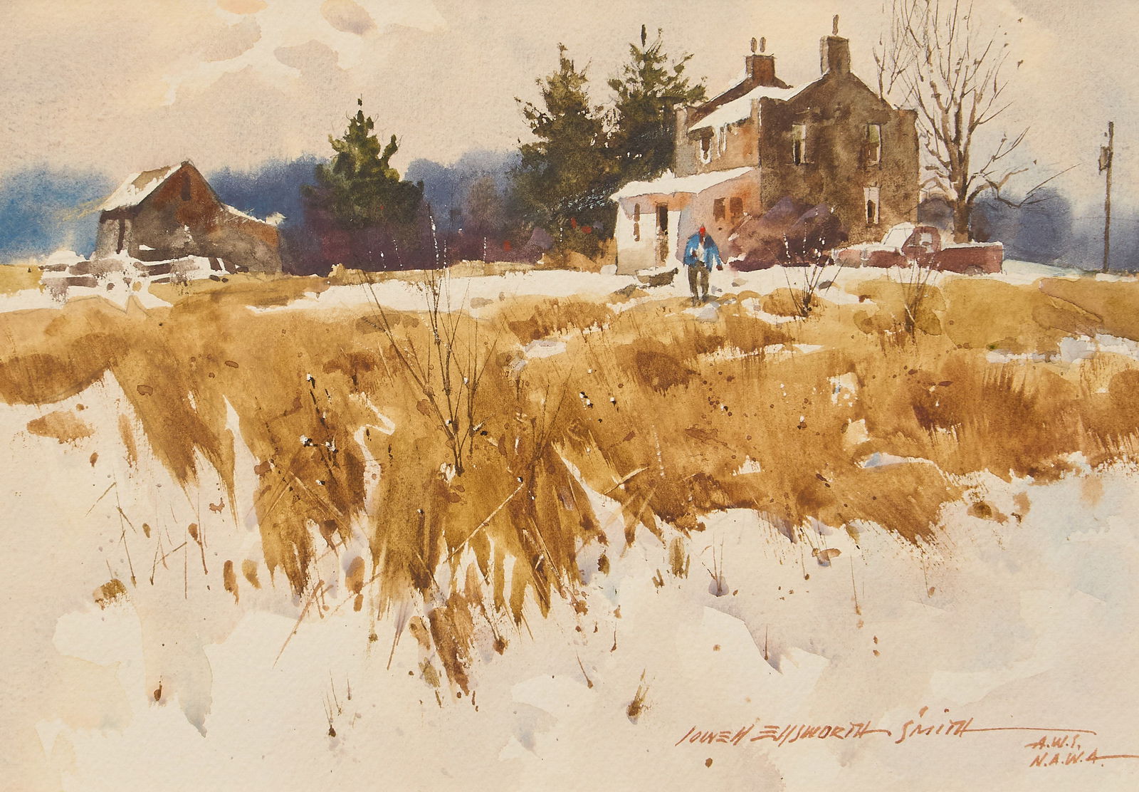 Lowell Ellsworth-Smith, "The Quarry Stone House", 1988: Lowell Ellsworth-Smith (Ohio, 1924-2008), "The Quarry Stone House", watercolor, signed lower right, inscribed on the verso with signature, title, medium, and date (1988)sight: 7 x