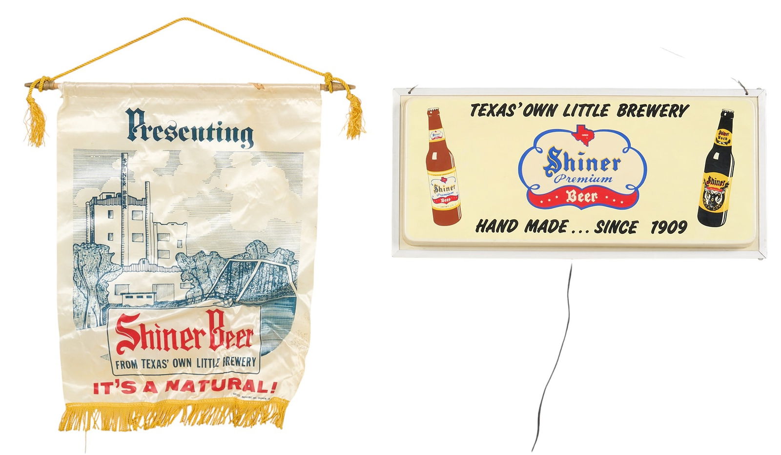 Shiner Beer Light-Up Sign & Banner, 1980s: Shiner Beer light-up sign featuring the logo and the slogan "Texas' Own Little Brewery", and fabric banner featuring an image of the brewery, circa 1980sheight 11 in. x width