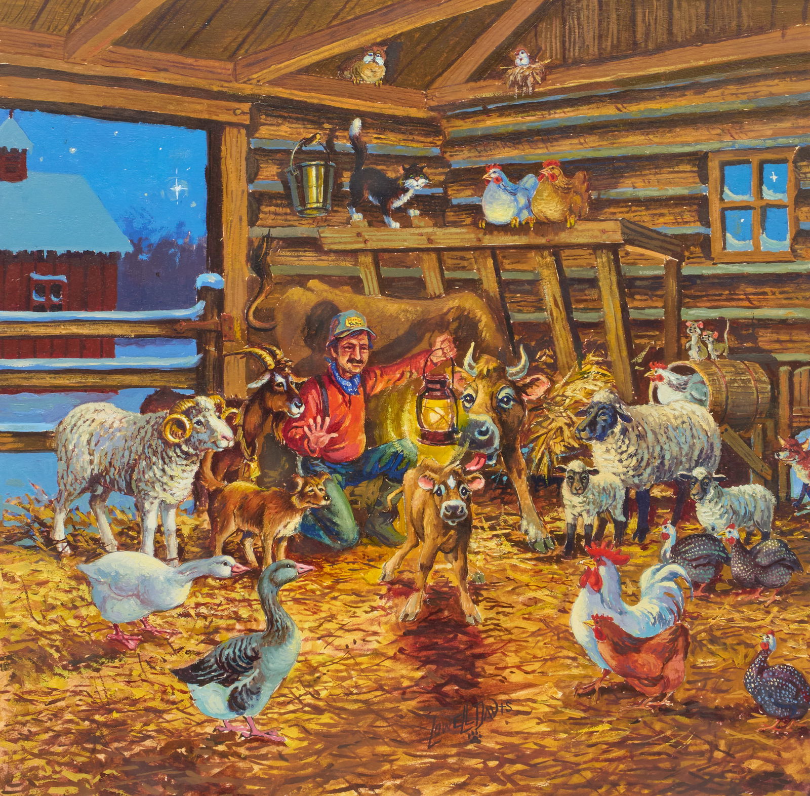 Lowell Davis, "Blossom's Gift": Lowell Davis (Missouri, b. 1937), "Blossom's Gift", acrylic on paper, signed lower right centersight: 17 x 17 in., frame: 28.5 x 28 in.Provenance: Property deaccessioned from a major