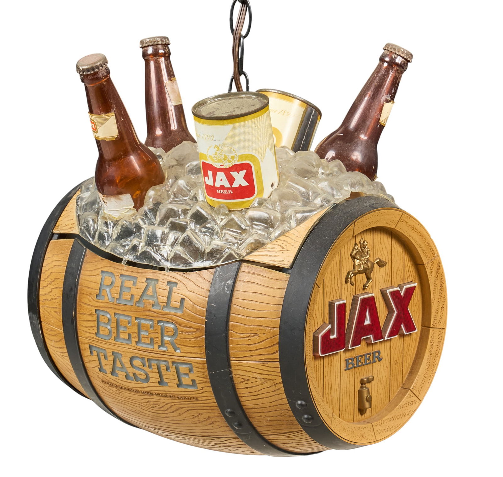 Vintage Hanging Jax Beer Light, 1962: Vintage Jax Beer revolving motion hanging light, with barrel ice chest design and clock, in working condition, circa 1962height 28 in. x width 10 in. x depth 13 in. Provenance: Property from a home