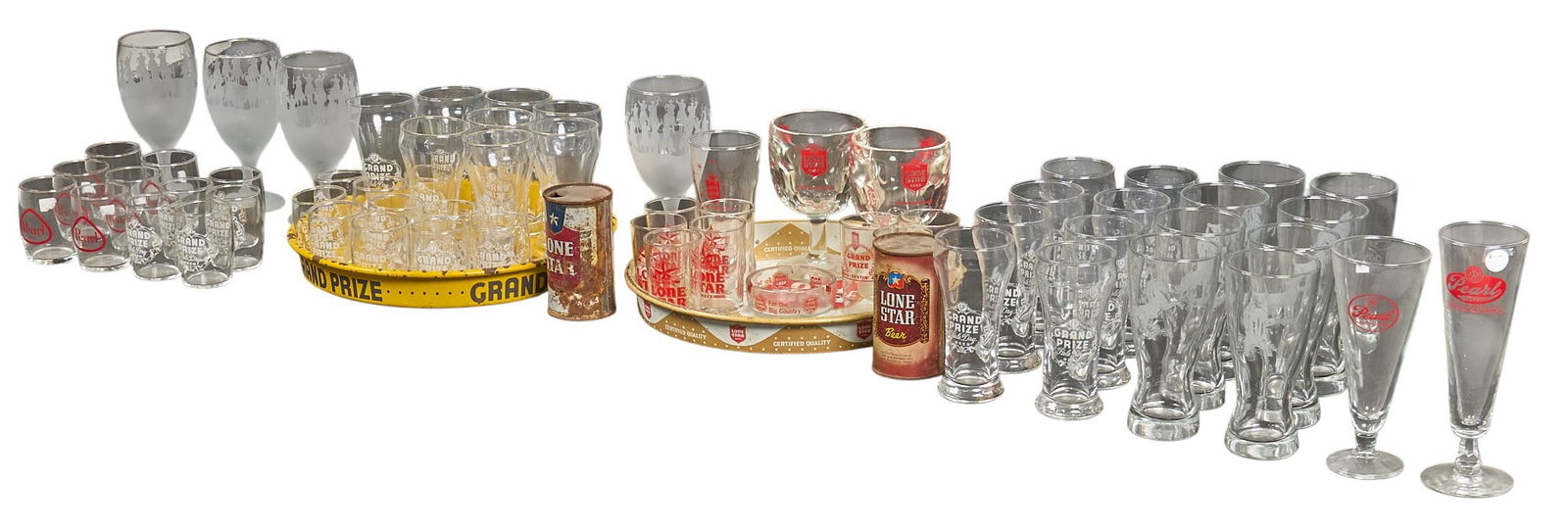 Vintage Beer Glasses and Trays Collection: Large collection of vintage beer glasses and serving trays, includes brands like Lone Star and Grand Prize, with various sizes and styles of glasses, diameter 14 in. x depth 1.5 in. / largest