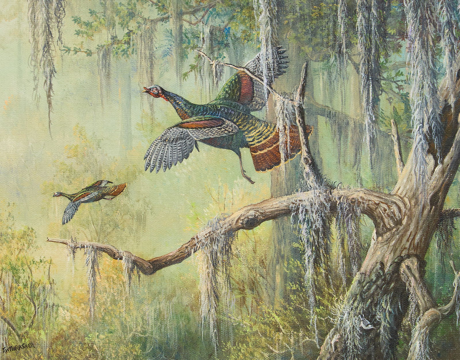 J. W. Thrasher, "Flushed": J. W. Thrasher, "Flushed", oil on canvas panel, signed lower left, with J. W. Thrasher Art Studio & Gallery card affixed to the verso (Paris, Texas)sight: 8 x 10 in., frame: 14.75