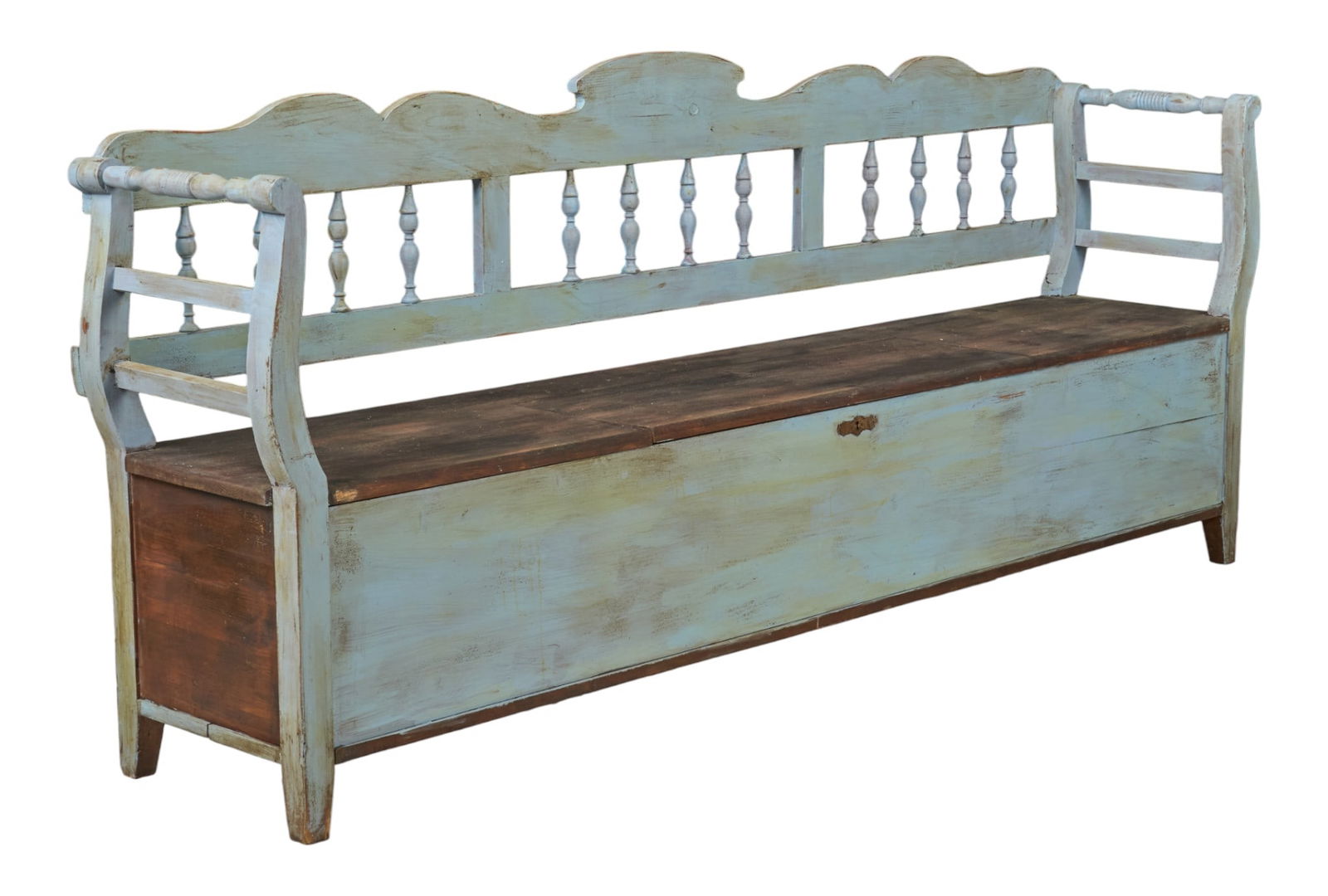 Rustic Storage Bench: Rustic storage bech with turned details, supported on block legs, with light blue distressed paint height 39 in. x width 92 in. x depth 18.5 in. 