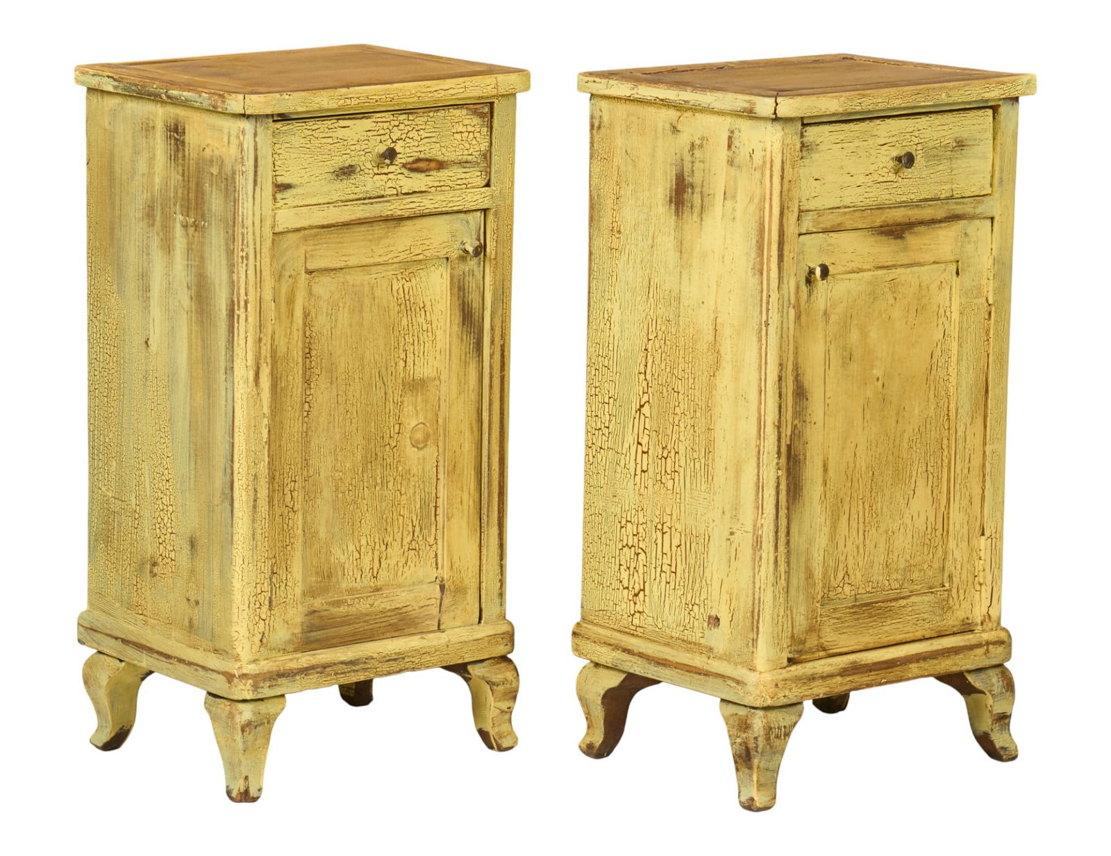 Pair of Rustic Nightstands: Pair of rustic nightstands, each with single drawer over cabinet, and distressed yellow paint, supported on cabriole legsheight 32 in. x wdith 17 in. x depth 14 in. / each 