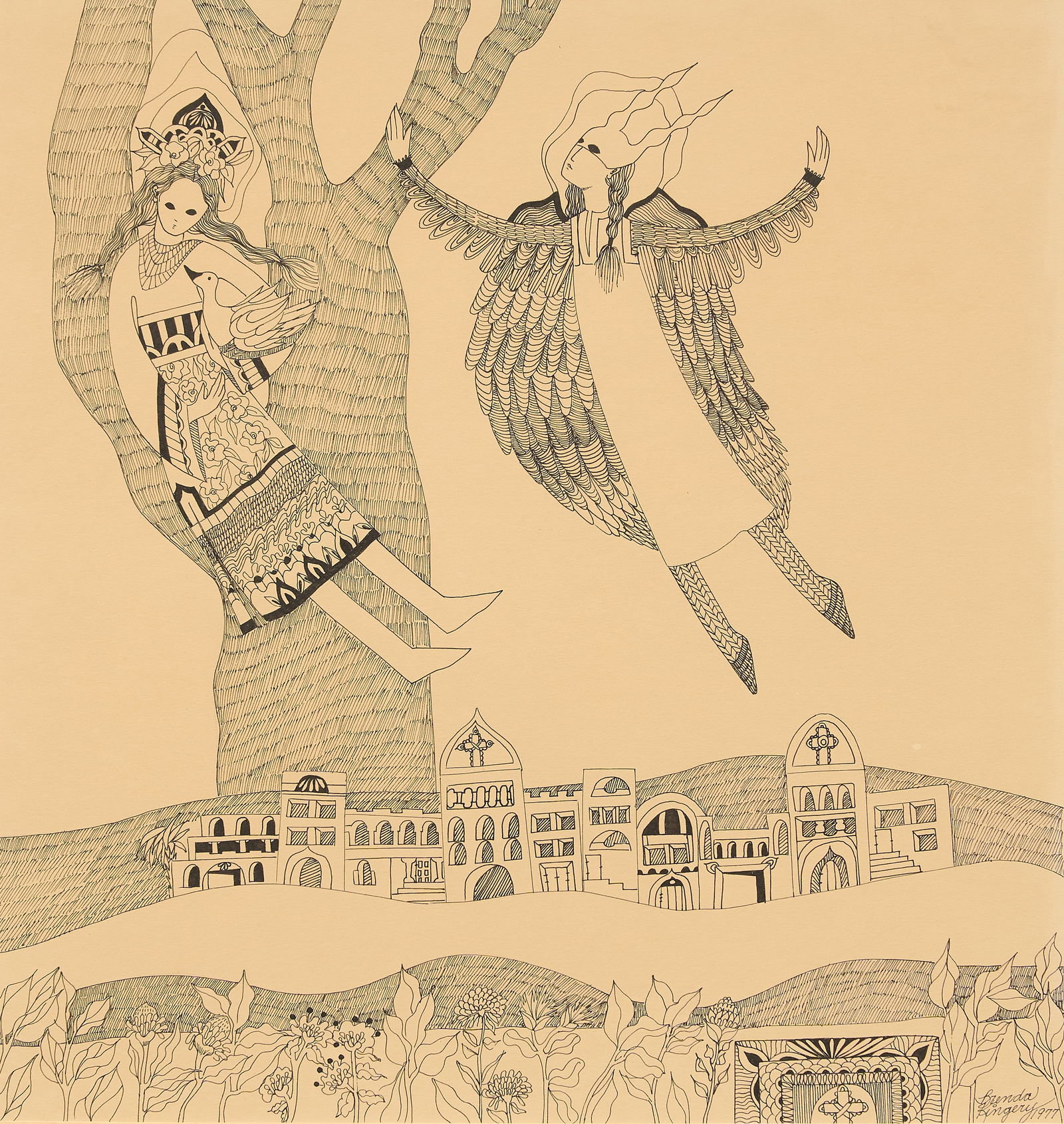 Brenda Kingery, Spirit Figures, 1977: Brenda Kingery (Texas / Oklahoma, b. 1939), fantastical or spiritual figures in sky, with architectural and religious motifs and flowering plants, pen and ink on paper with faint pencil guidelines in