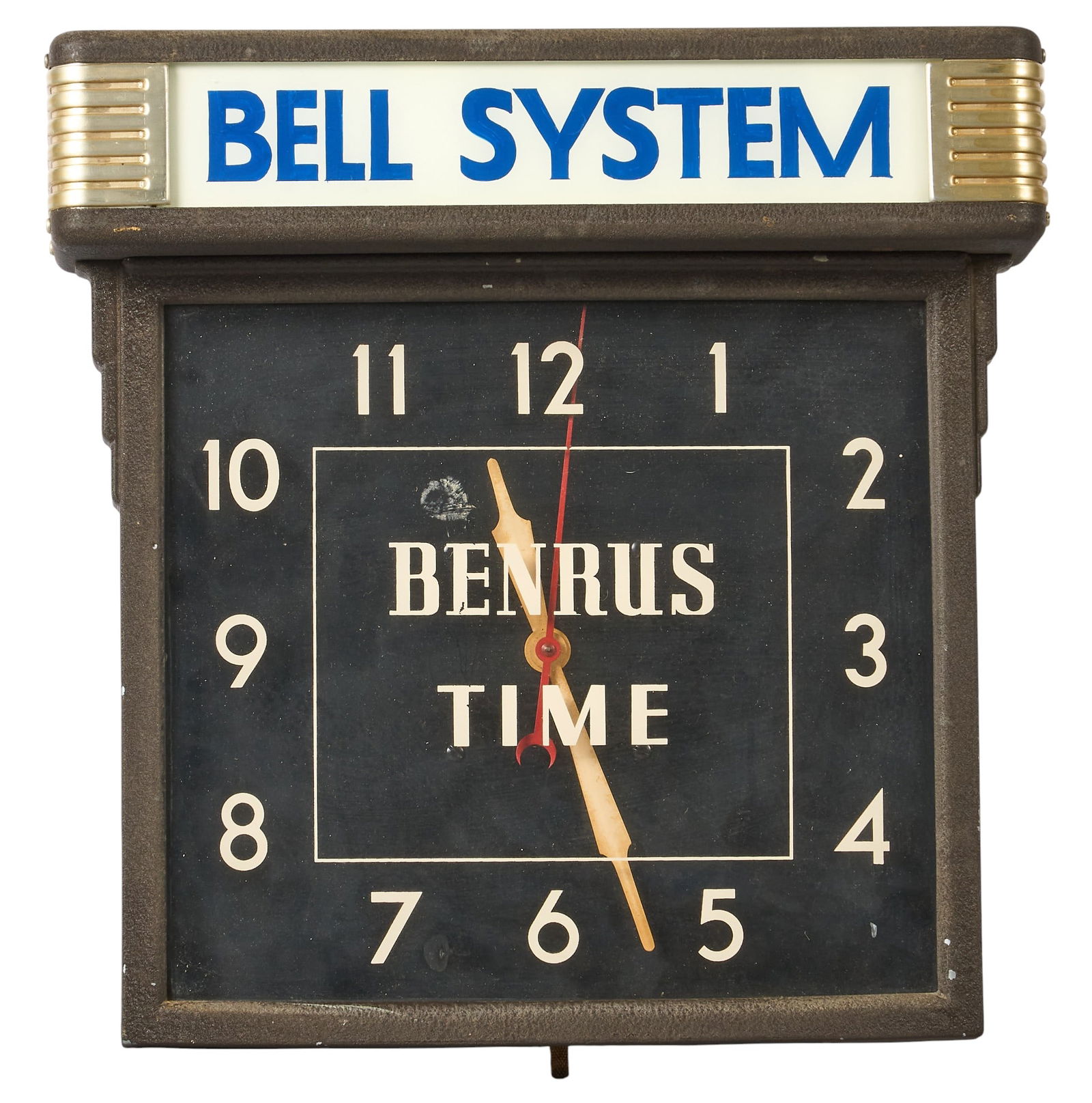 Vintage Benrus Time Bell System Wall Clock: Vintage Benrus Time wall clock with Bell System signage, non-functioningheight 15 in. x width 14 in. x depth 4.5 in. Provenance: Property from a home in San Antonio, Texas